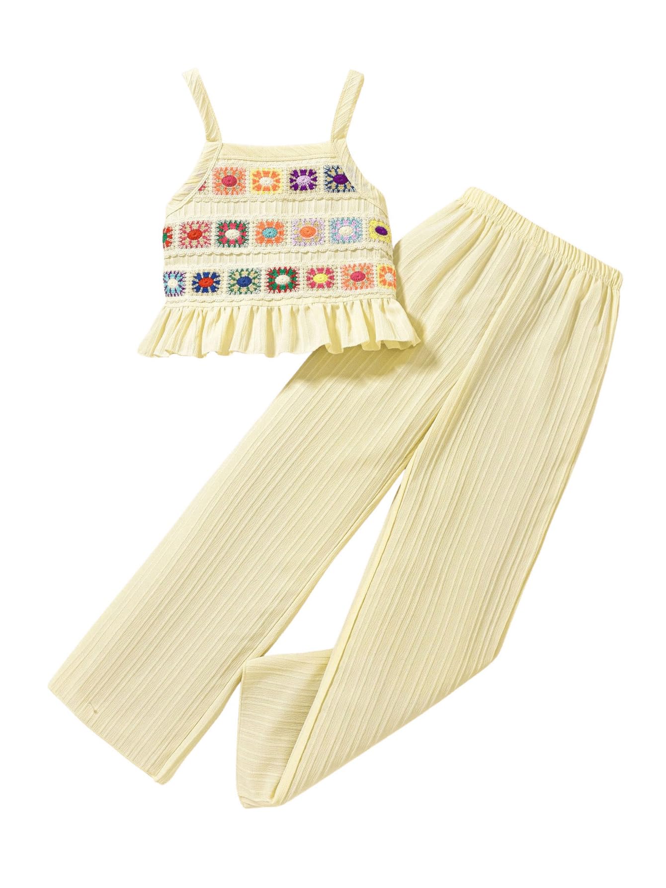 Floerns Conjunto de 2 piezas para niña, camiseta de punto de verano con pantalones de pierna ancha