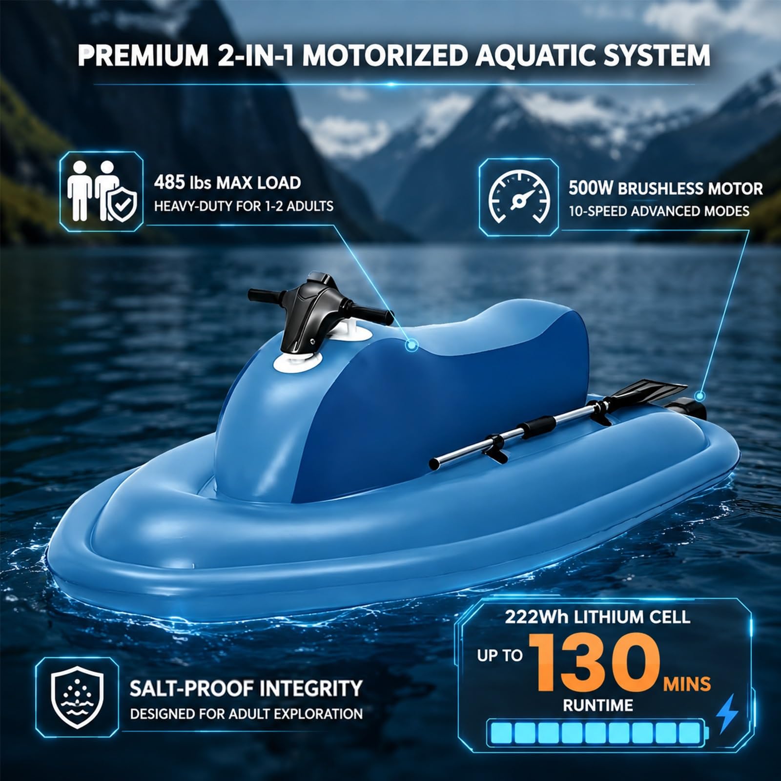 Scooter sous-Marin Électrique 500W et Jet Ski Gonflable pour 2 Personnes Combo, Bateau à Moteur avec Rame Pompe, Flotteur de Piscine Motorisé pour Adultes