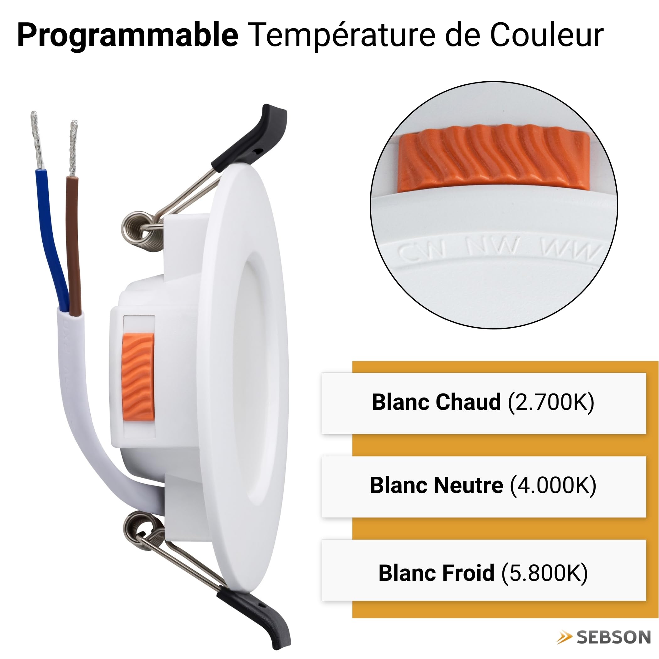 SEBSON Spot LED encastrable 230V 5W 540lm - Panneau LED rond 94mm