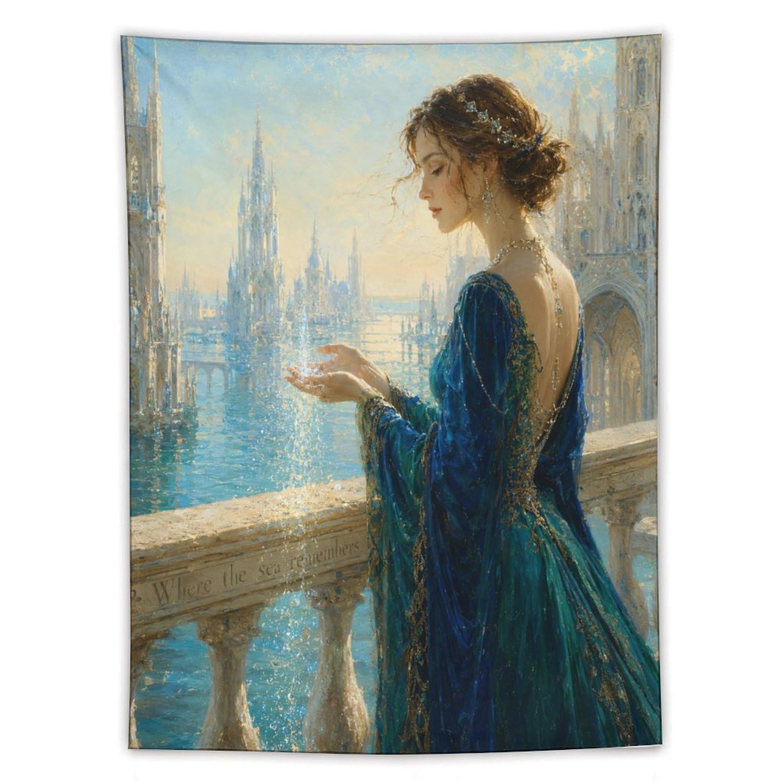 H3B8U2Y5 Woman in Blue Dress Wall Tapestry, Realistic Illustration