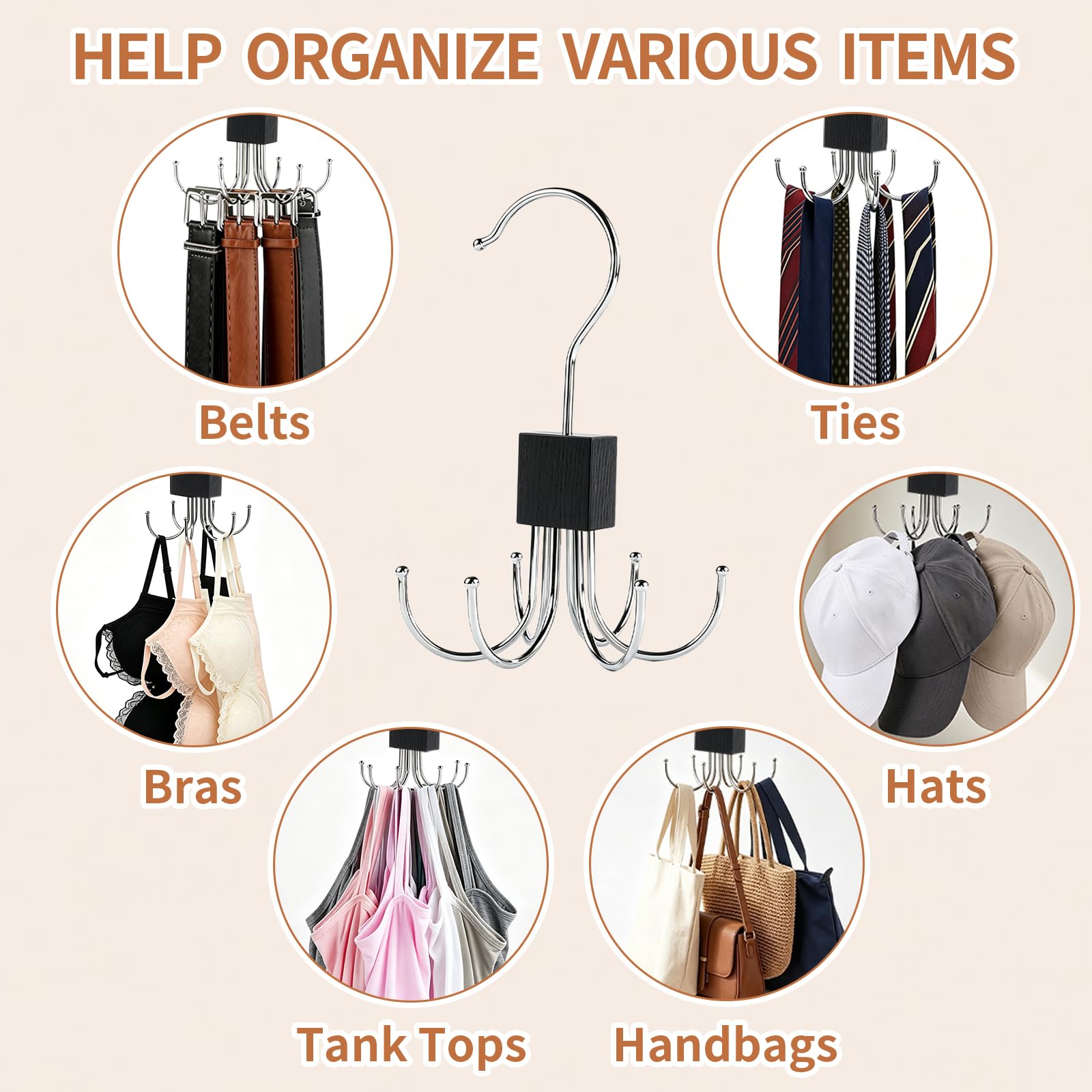 2 x Gürtelaufhänger für Schrank, 12 Haken, Gürtel-Organizer für max. 48 Gürtel oder Krawatten, drehbarer Gürtel, platzsparend, schwarzer Hängehalter für Gürtel, Krawatte, BH, Tanktop