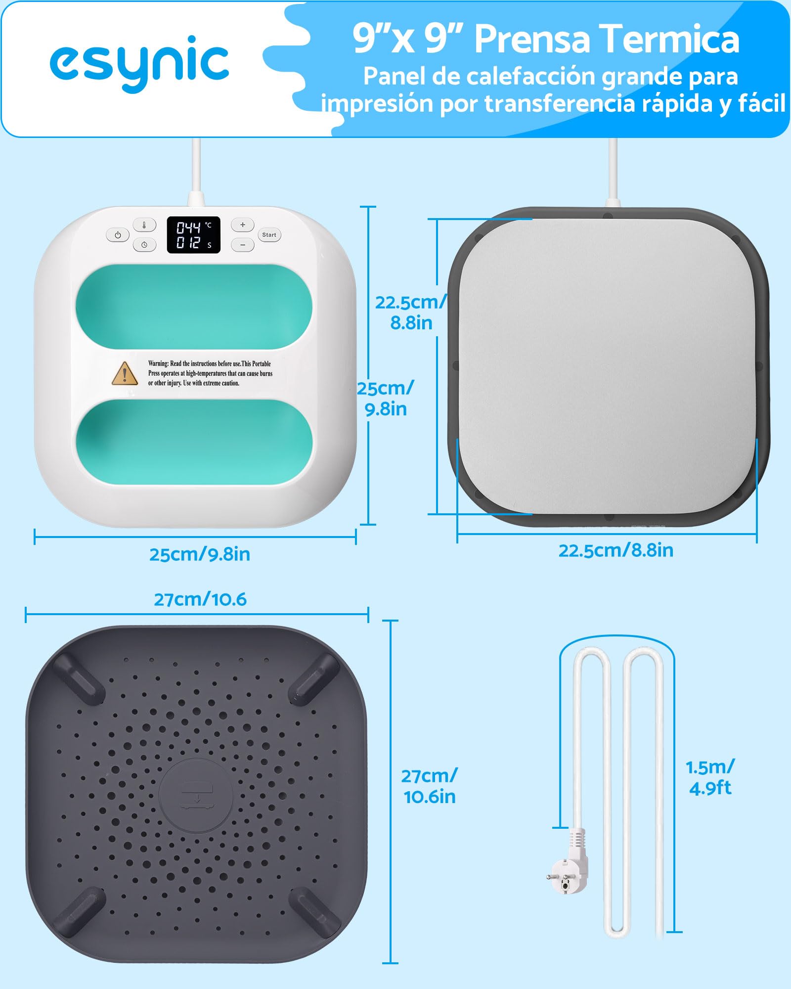 eSynic Prensa Térmica 9"x9", Prensa de Calor Portátil con Rápido Calentamiento a 205°C, Control Precisa de Temperatura y Apagado Automático, Incluye Base de Seguridad para Camisetas, Bolsas, Tazas,DIY