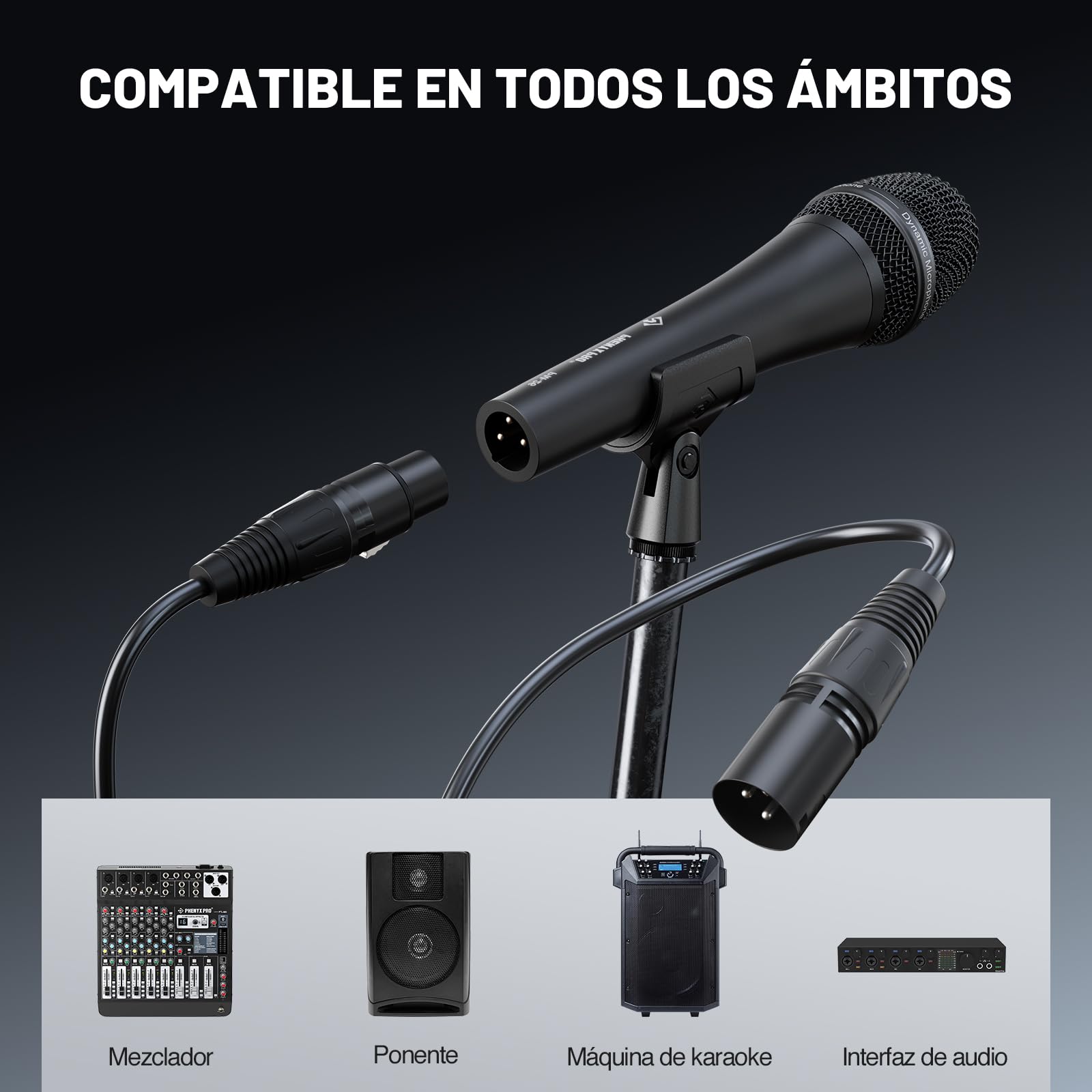 Phenyx Pro Micrófono Vocal Dinámico Supercardioide XLR PM-26 | Patrón supercardioide, Mic de mano dinámico, Cable XLR de 5 m, Clip de micrófono, Bolsa de transporte, Canto, Escenario
