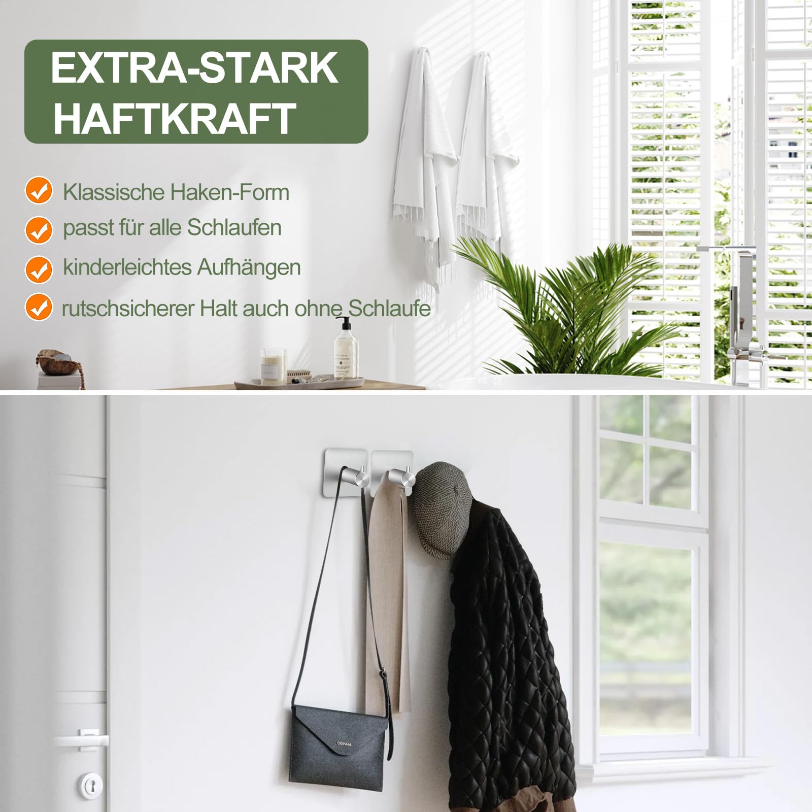 FAITTOO Selbstklebende Haken, 4 Stück – Aus Stabilem Aluminium Für Handtücher & Mehr (10 Kg Tragkraft)
