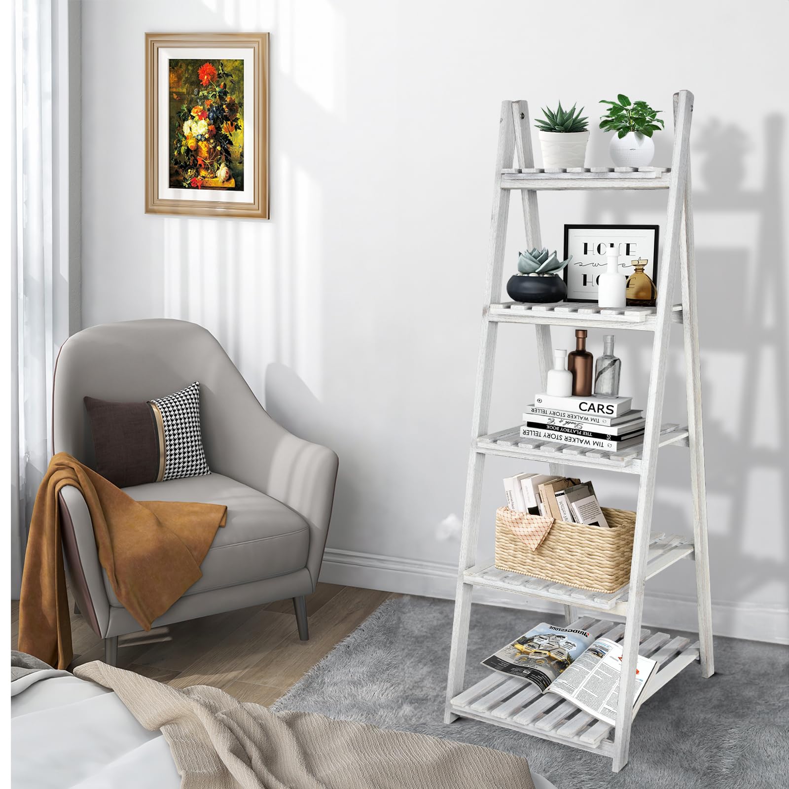 Snapklik.com : Babion 5-Tier Ladder Shelf, Wooden Plant Shelves, Ladder