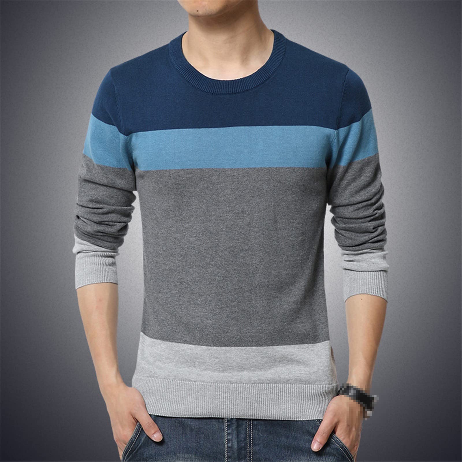 Vogrtcc Suéteres de los hombres Casual Cuello Redondo Rayas Slim Suéter Jersey Manga Larga de los Hombres Más Tamaño