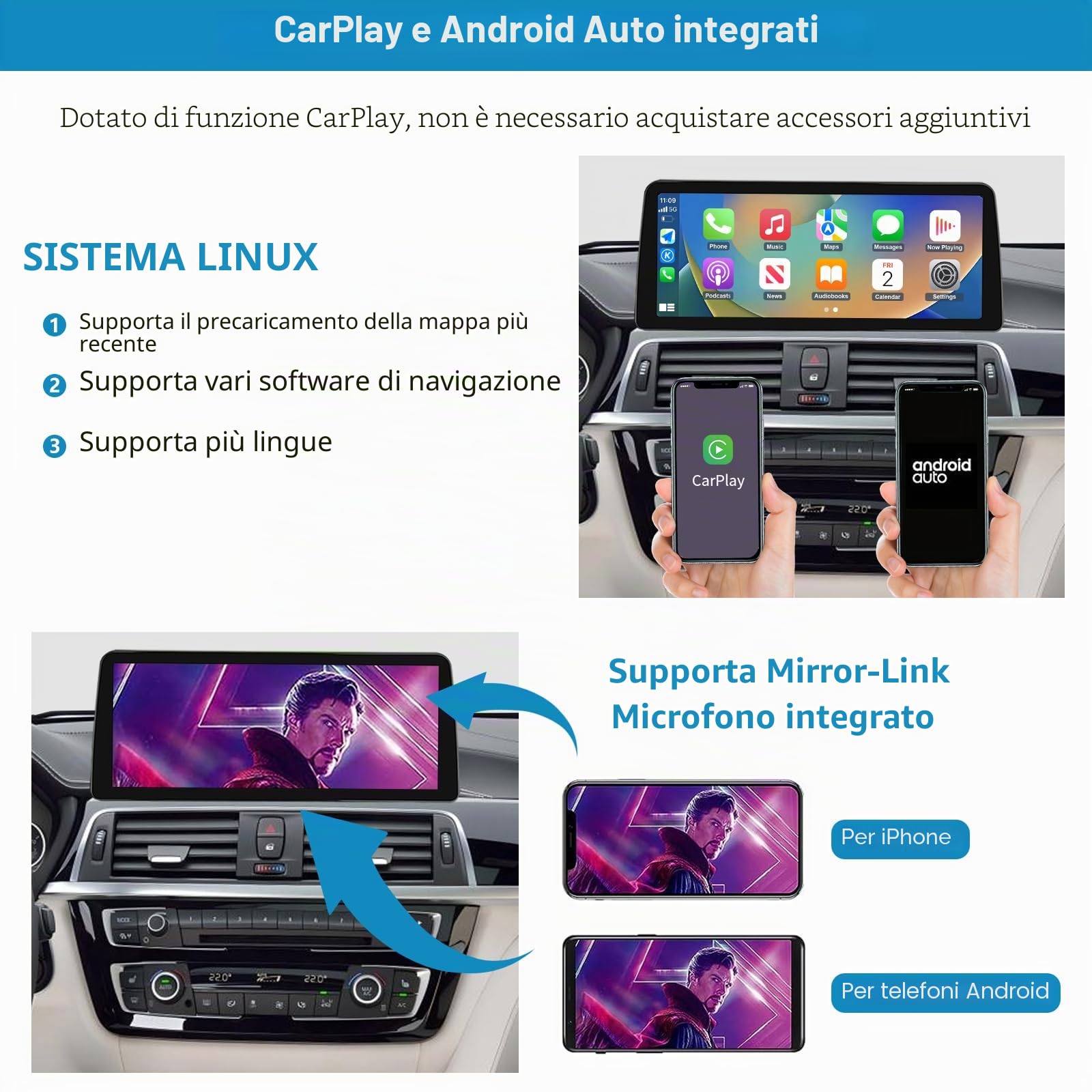 10,25 Pollici Touch Screen Autoradio con Wireless Carplay e Android Auto per BMW Serie 3 F30/F31/F34/F35 2013-2016 con Sistema NBT, Supporto Mirrorlink, Telecamera, Navigazione