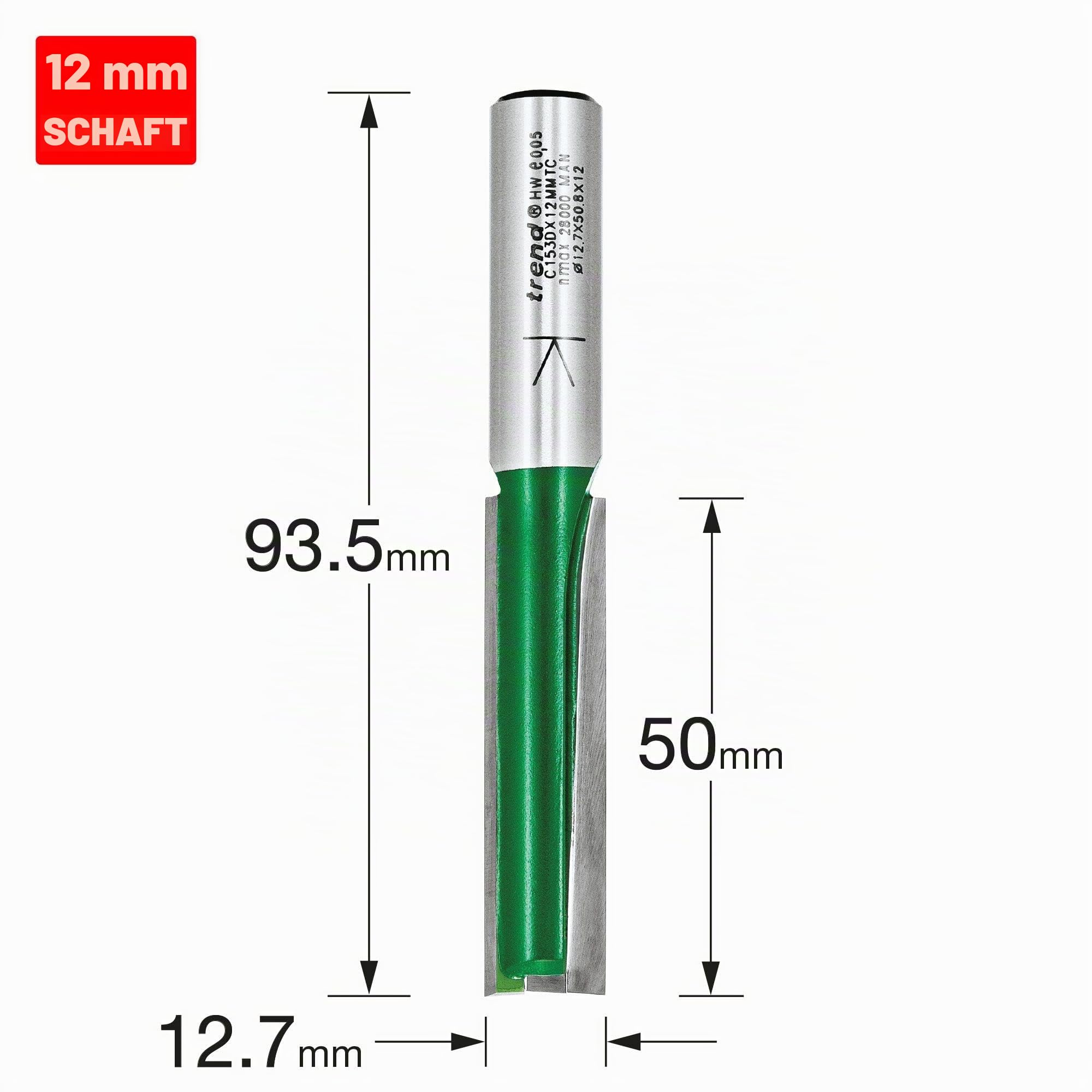 Trend CraftPro Zweischneidiger Spiralnutfräser, 12 mm Schaft, 12,7 mm Schnittdurchmesser & 50 mm Schnittlänge, Hartmetallbestückt, C153DX12MMTC