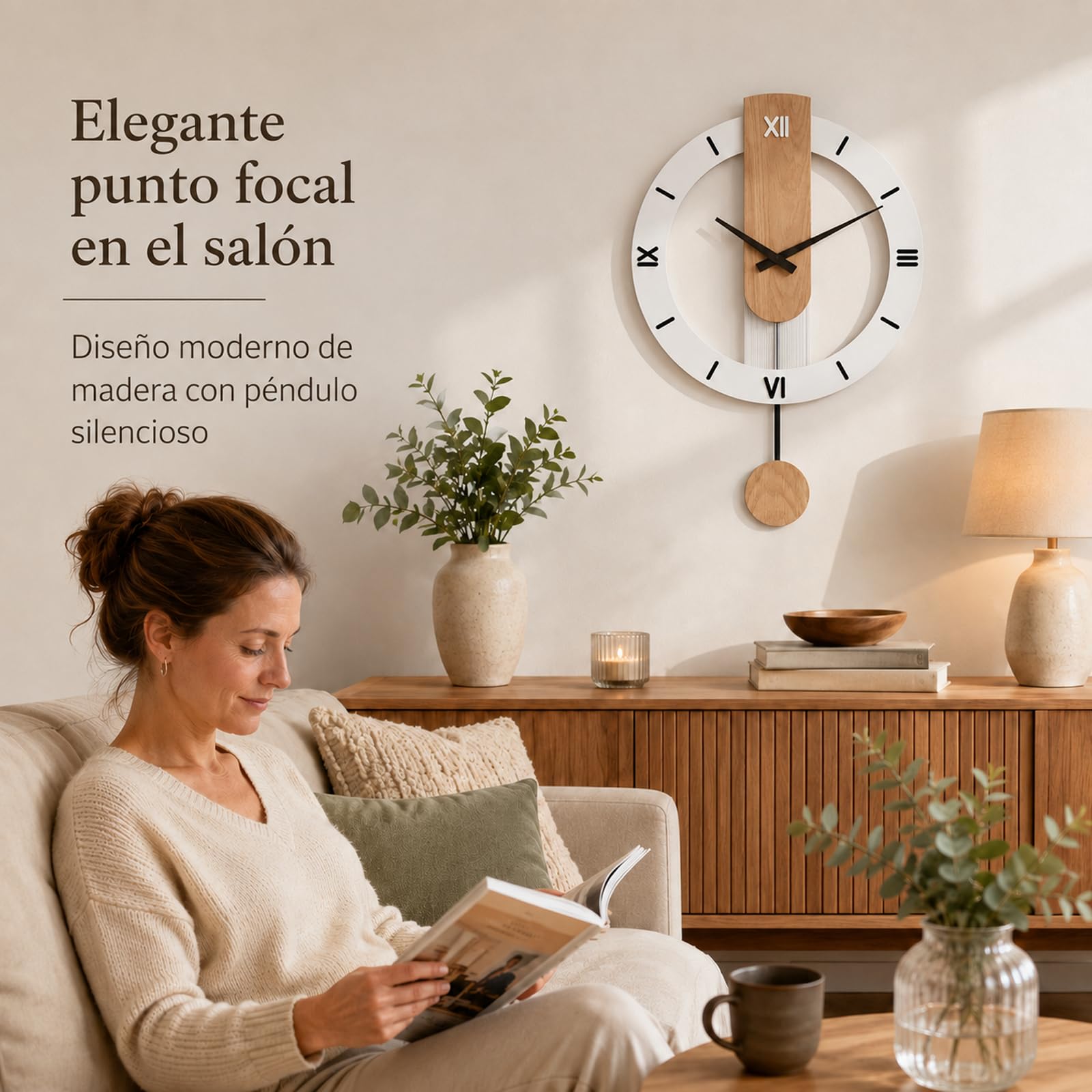 LANMOU Reloj de Pared Grande Salon con Pendulo, Marco Metalico Decorativo | Movimiento Quartz Silencioso para Estudio y Recibidor, Numeros Romanos Visibles, Moderno Blanco, 40 * 55cm