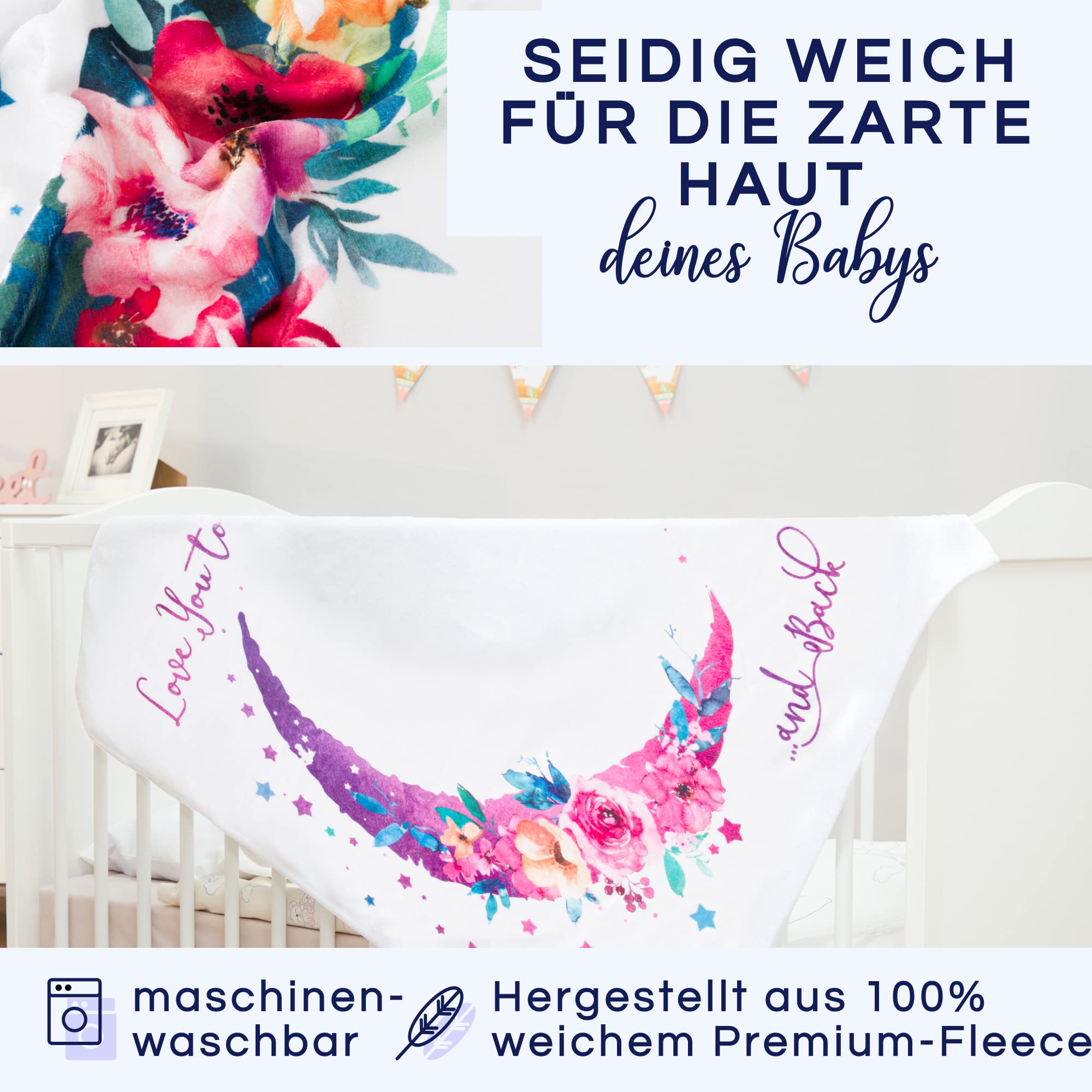 Luka&Lily Baby Meilenstein Decke 150 x 100 cm Rosa Mond Blumen Motto