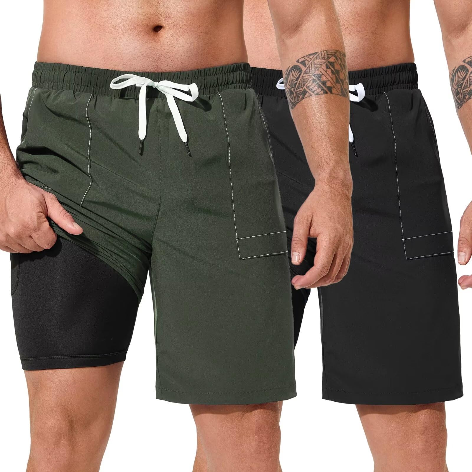 SILKWORLDMen's 2 Pack Athletic Running Workout Shorts 9" Quick Dry Sports Gym Shorts with Zipper Pockets