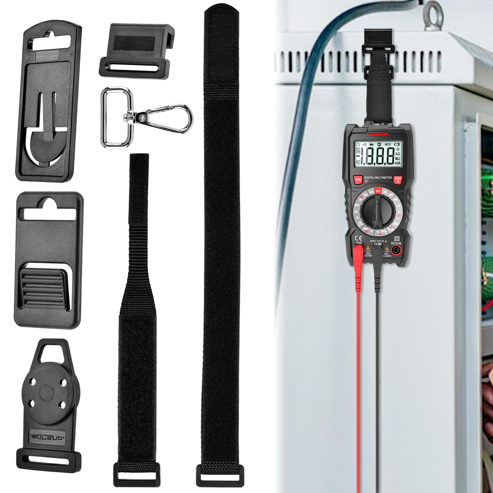 QOTSTEOS Kit da appendere per multimetro Fluke, 2 cinghie, 3 clip, 1 gancio e gancio magnetico, kit universale per appendere i multimetri Fluke (nero)