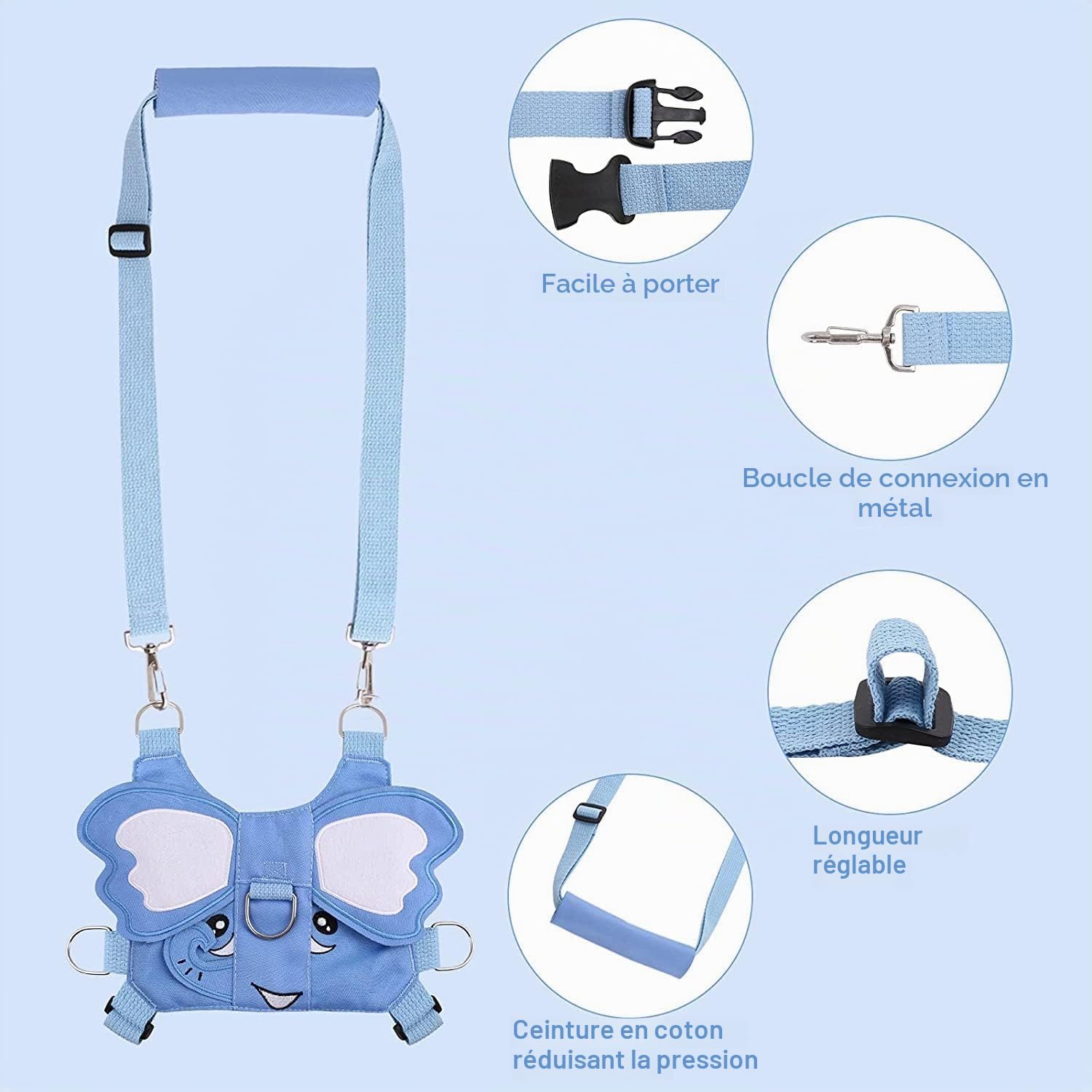 Laisse 3 en 1 pour enfant - Motif éléphant - Anti-perte - Avec poignet de sécurité - Harnais de course pour enfants - Laisse pour enfant avec cadenas de sécurité