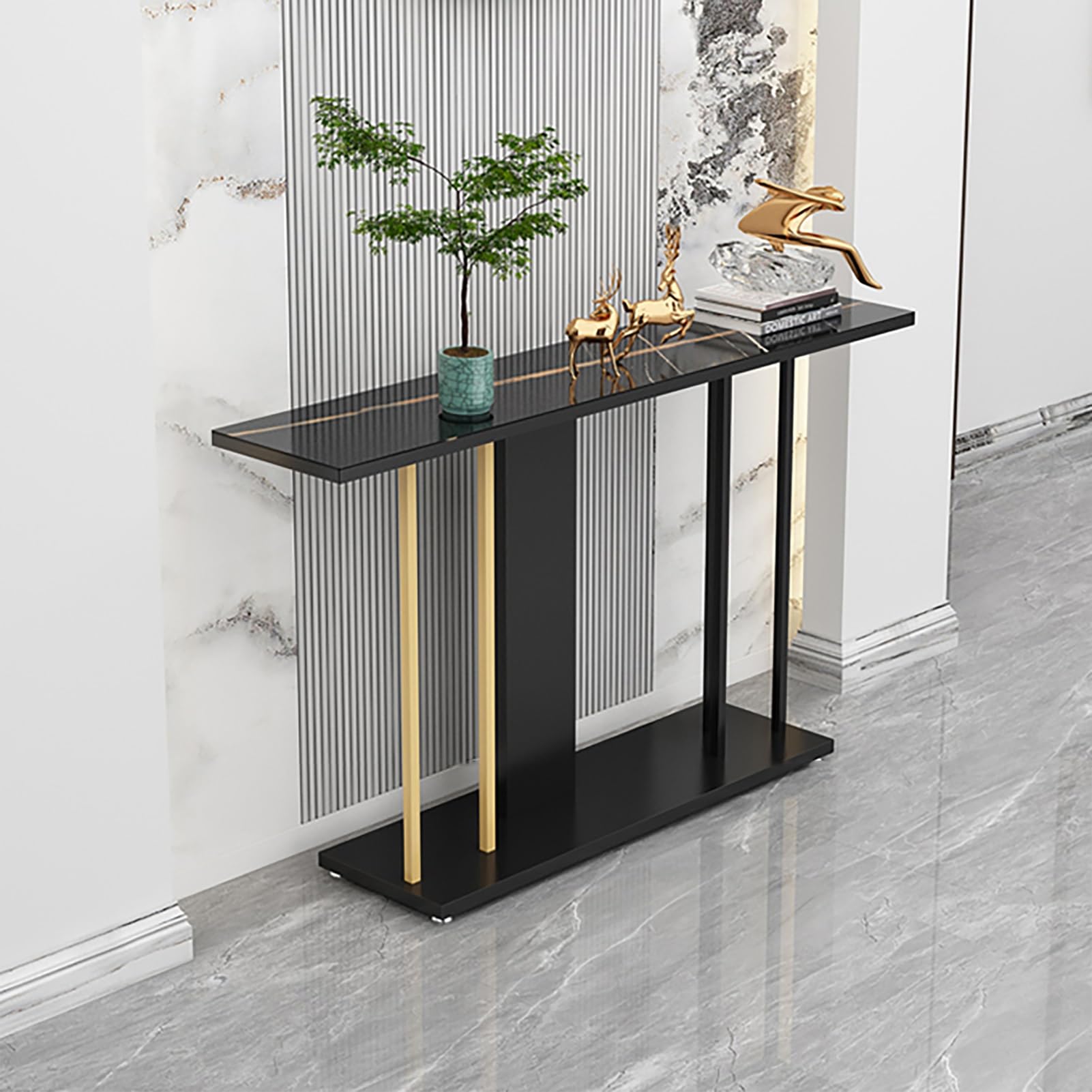 Consola industrial de forja negra y diseño geométrico minimalista