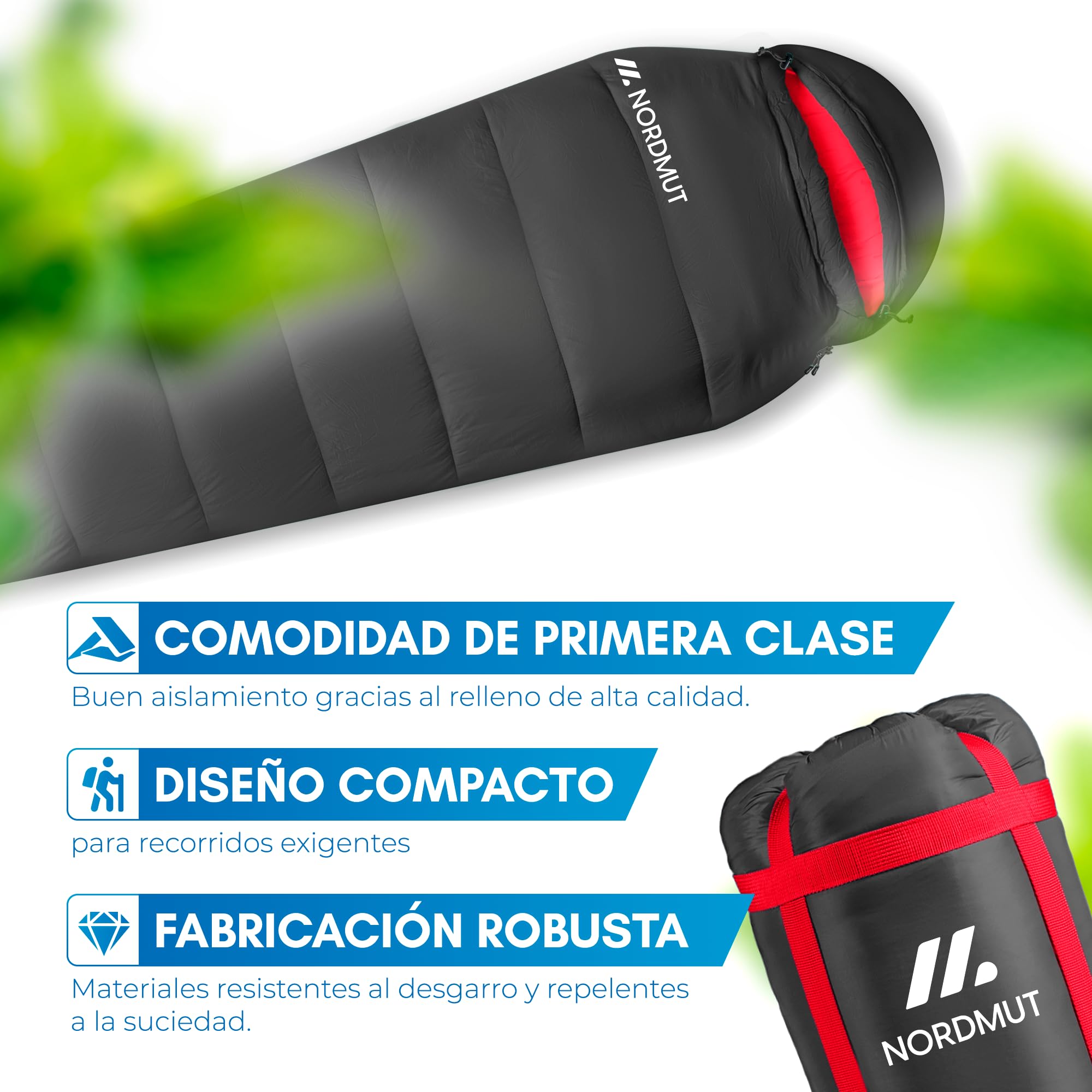 NORDMUT® Saco de Dormir Adulto Comfortable - Sleeping Bag Compacto y Ultraligero (900/1500 g) - 3 Estaciones (250 gsm) de Verano (100 gsm) campismo