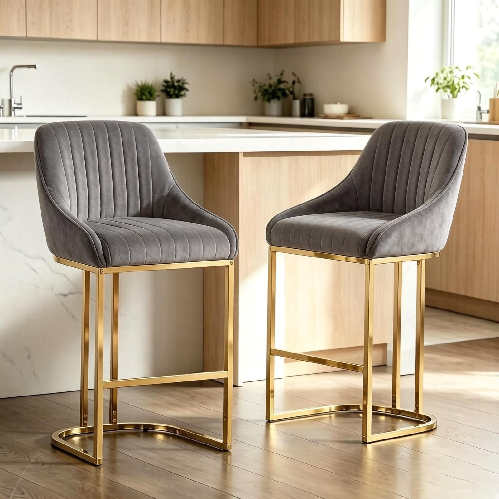 Warmiehomy Set of 2 Bar Stools with Back and Gold Leg, Upholstered Velvet Breakfast Bar Chairs & Stools, 65cm Seat Height High Stool for Kitchen Counter, Island, Dining Room, Pub, Bistro, Shop, Grey