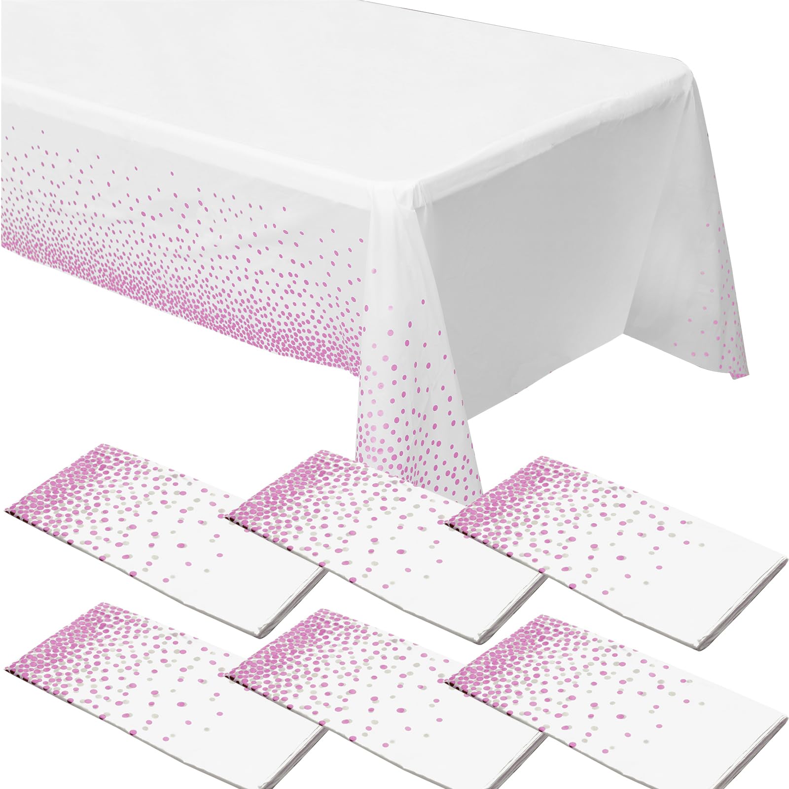 6 Pack White Tablecloths with Pink Dot for Rectangle Tables, 54 x 108 inch White Plastic Tablecloths Disposable Waterproof Party Table Cloths Pink Confetti Table Cloth for Outdoor Birthday Party