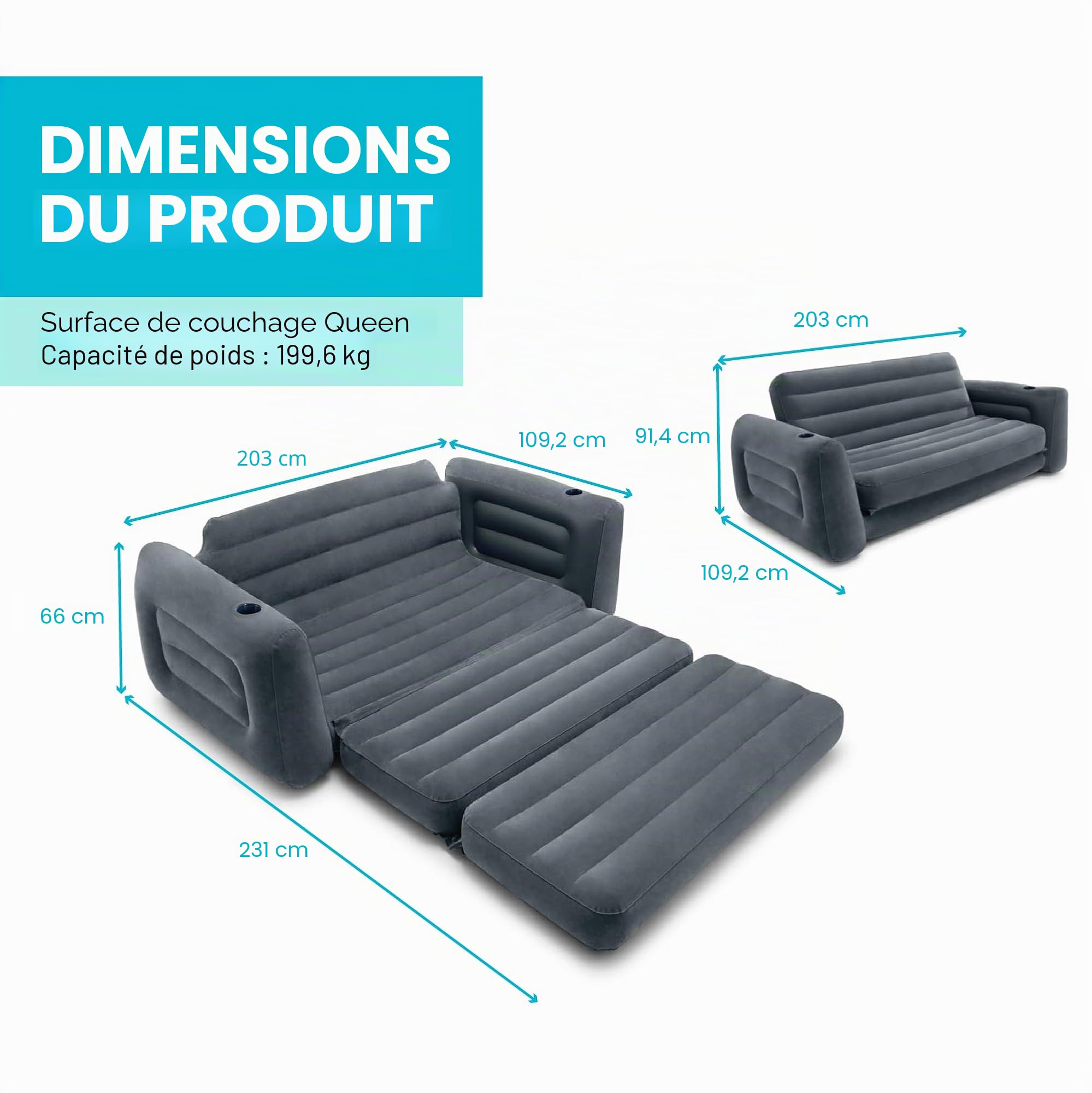 Intex Canapé-lit de Camping Gonflable avec 3 valves de gonflage et de dégonflage Rapides, 203,2 x 231,14 x 66,04 cm, Gris Anthracite