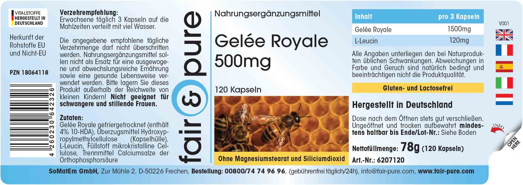 Fair & Pure® - Gelée Royale 500 mg - 120 gélules - Standardisée à 4% de 10-HDA - Lyophilisée en douceur