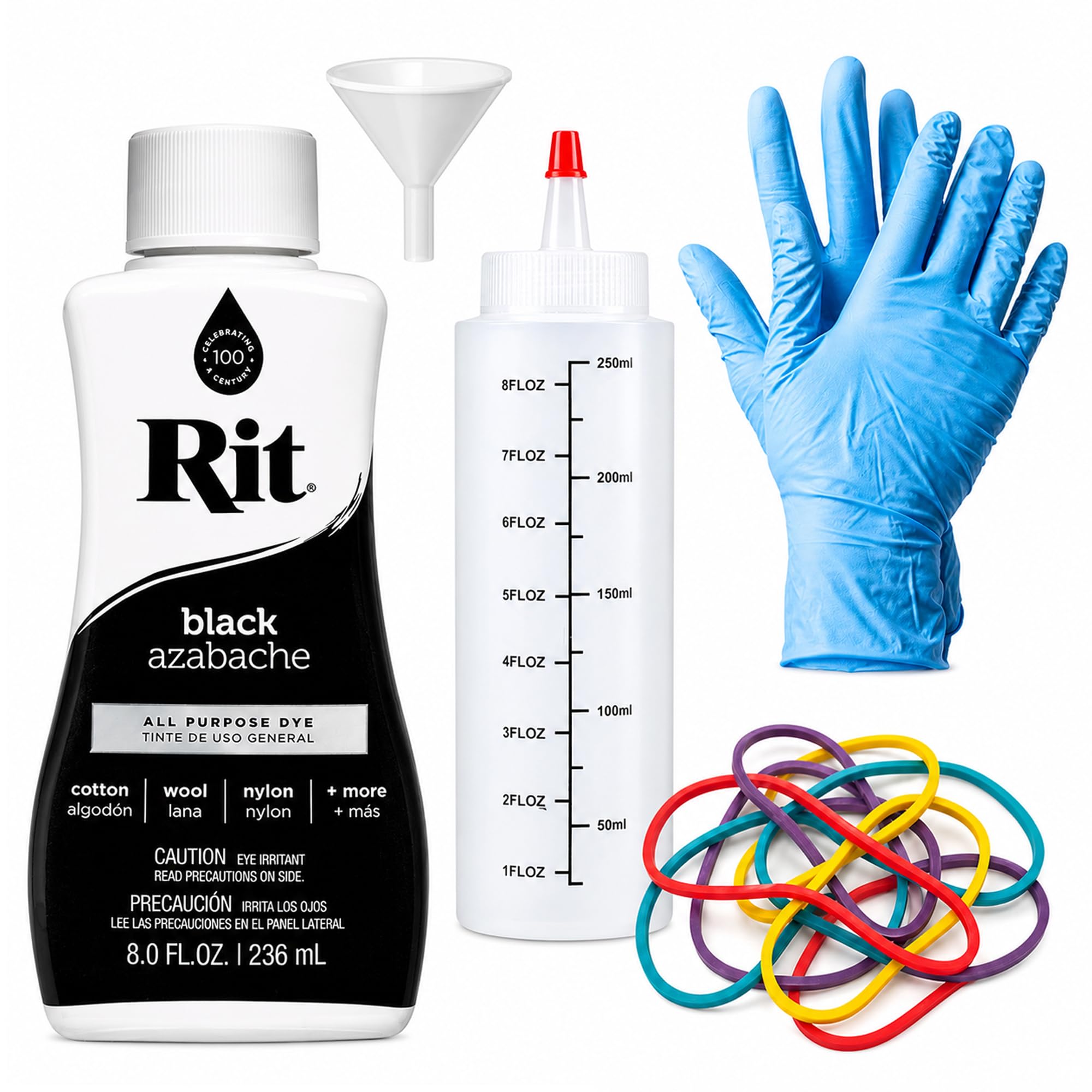 Rit Dye Liquid Black Fabric Dye 8oz Kit - All-Purpose Fabric Dye for Clothes, Cotton, Denim, Nylon & Tie Dye Projects - Includes Gloves, Rubber Bands, Funnel & Squeeze Bottle