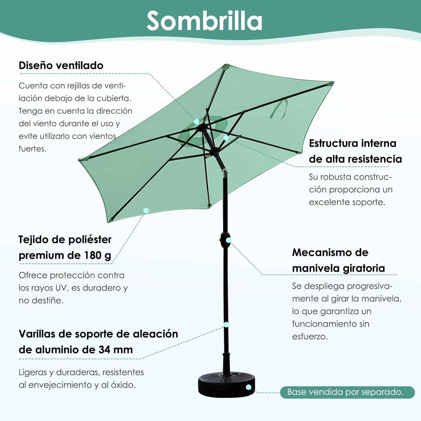 DEWEL Sombrilla de jardín, ángulo de inclinación ajustable y apertura/cierre manual, sombrilla de playa, resistente a los rayos UV e impermeable