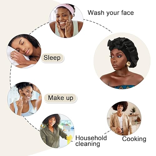 Miniatura 3 de Gorro de satén para mujer, gorro de pelo grande de doble capa de seda con banda elástica ancha para dormir con 45 gorros de ducha desechables