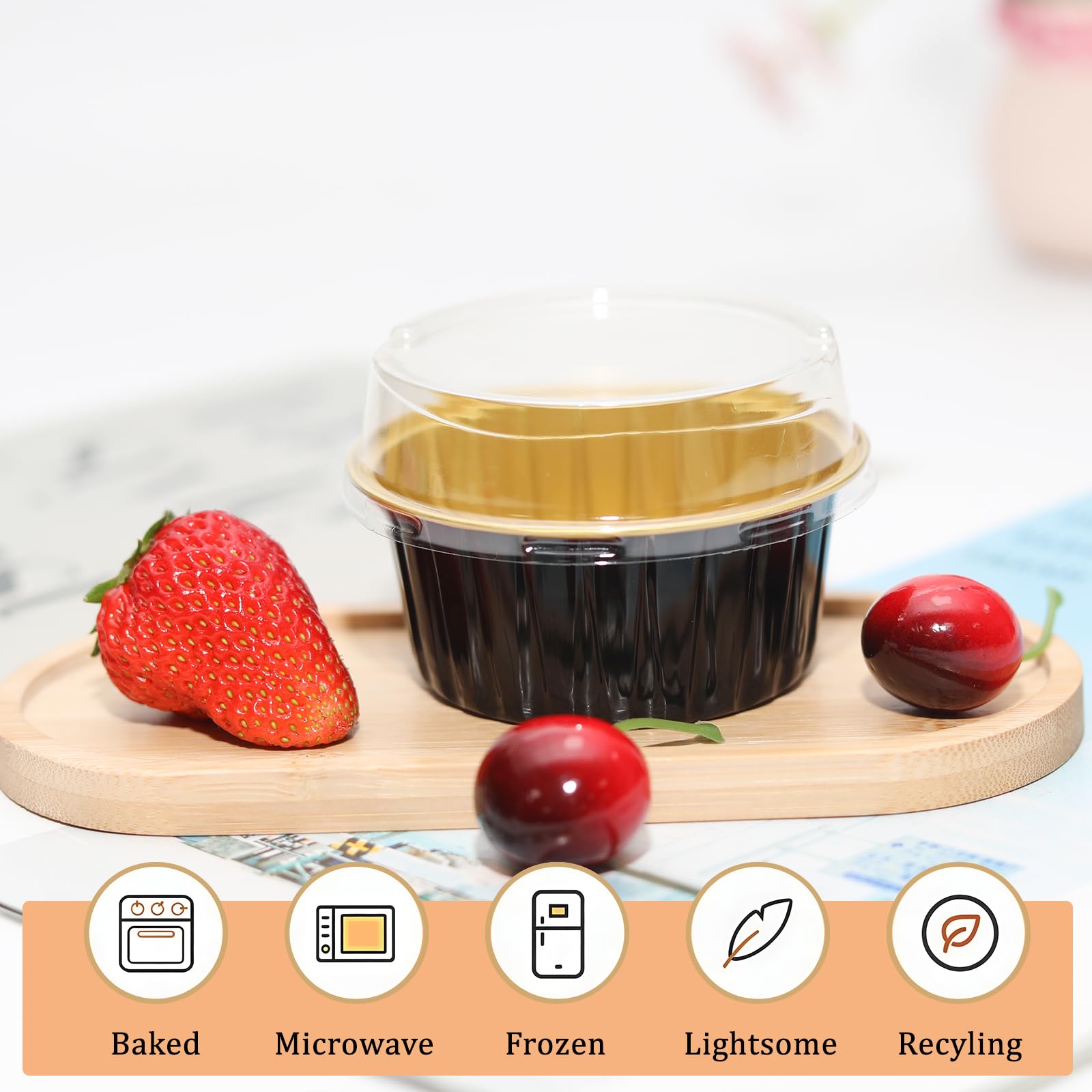 Lot de 100 mini moules à tarte en aluminium avec couvercles, 120 ml, noir et doré