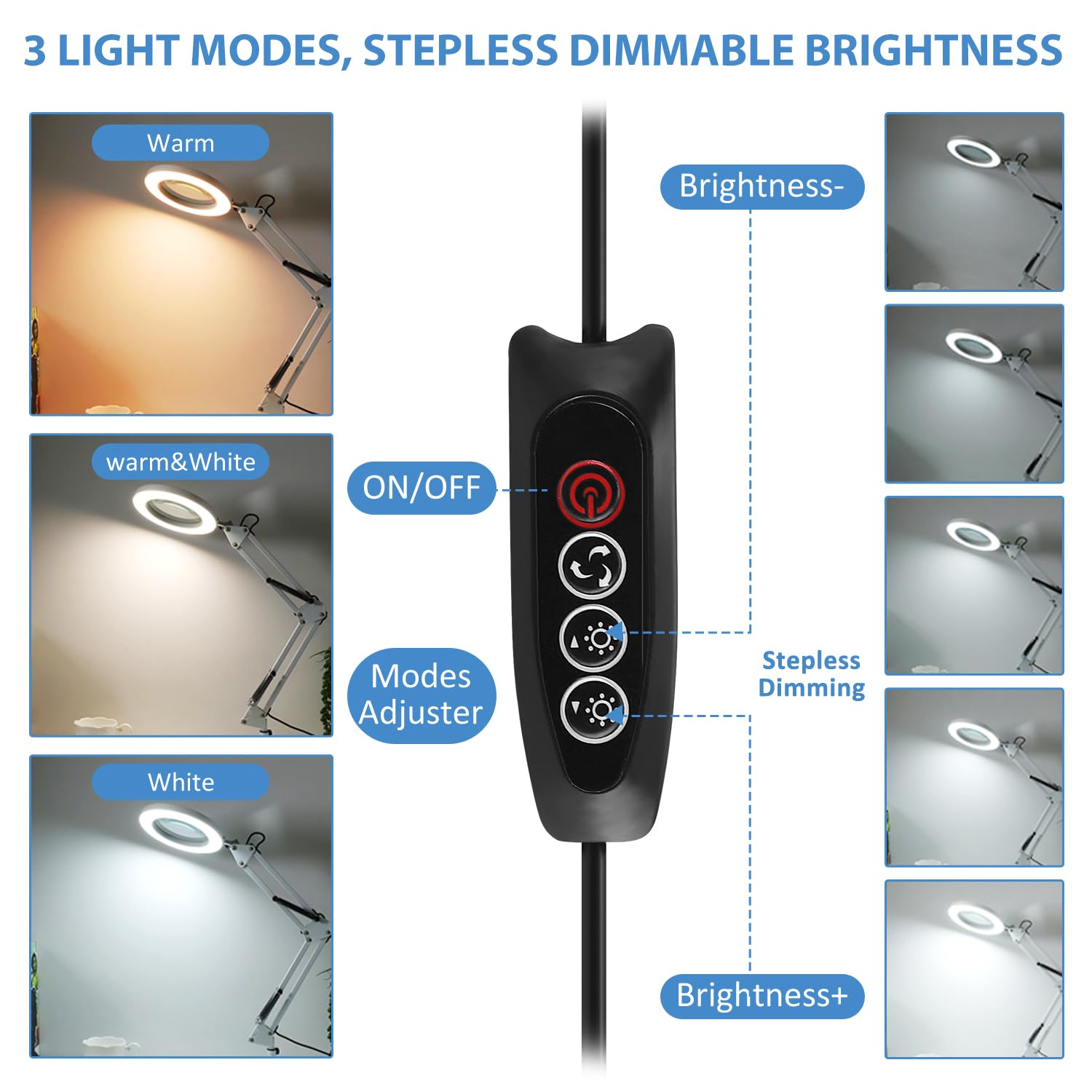 LANCOSC 5X Magnifying Glass with Light and Stand, 3 Color Modes Stepless Dimmable, 8-Diopter Glass Lens, Adjustable Swivel Arm, LED Magnifier Desk Lamp for Close Work, Repair, Crafts, Reading - White