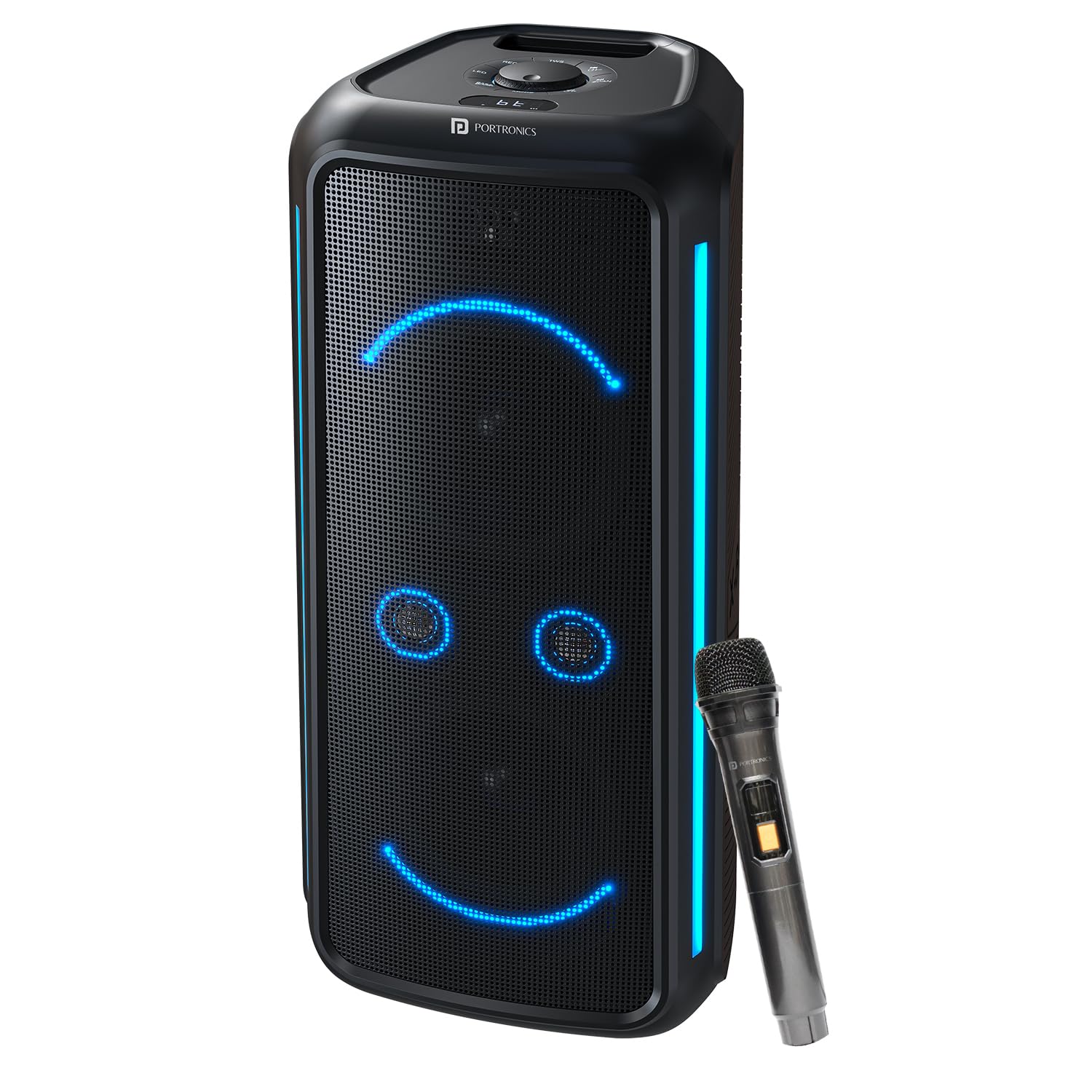 Portronics 250W Iron Beats 5 Prime Wireless Wheeled Party Speaker with Upto 6 Hours Playtime & Wireless Karaoke UHF Mic, Dual 8 Inch Subwoofer, Smiley LED Lights, Bass Boost Technology (Black)-image-7