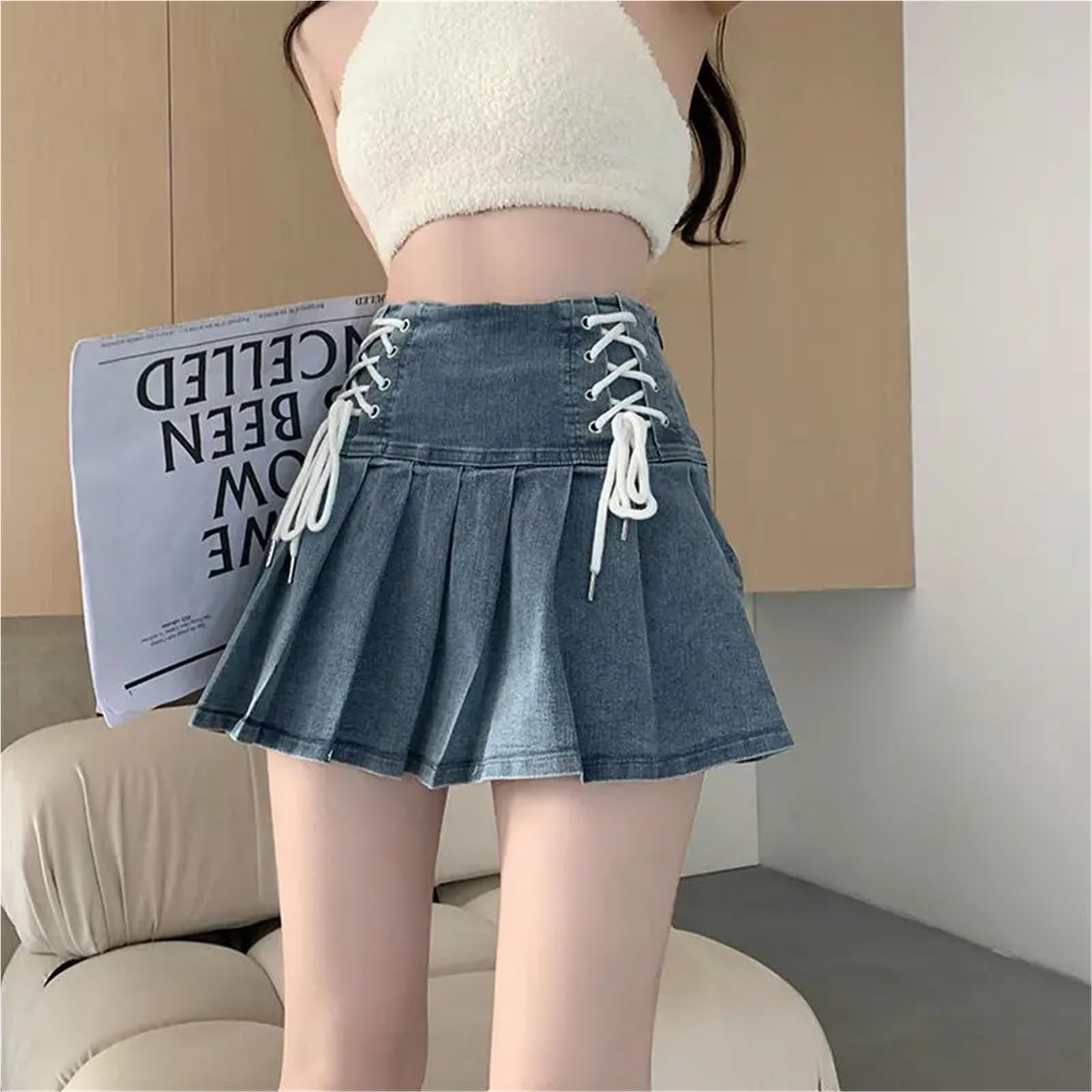 Gonne a Pieghe in Denim Minigonna Estiva da Ragazzina Chic con Lacci Donna per L'uso Quotidiano E per I Viaggi