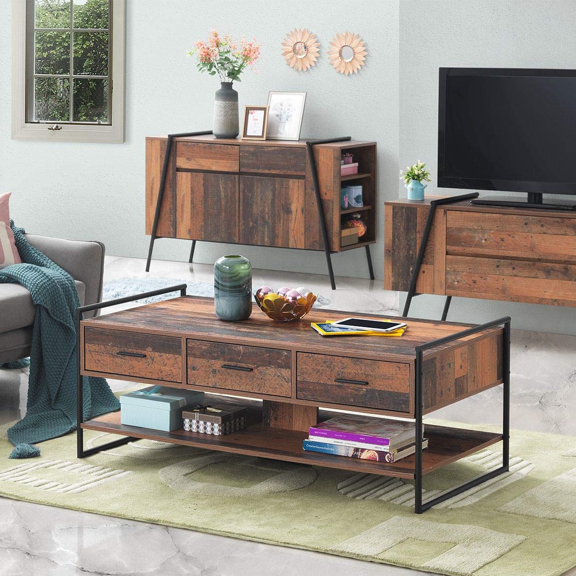 Timber Art Design Abbey Coffee Table With 3 Drawers Rustic Industrial Oak Effect Living Room