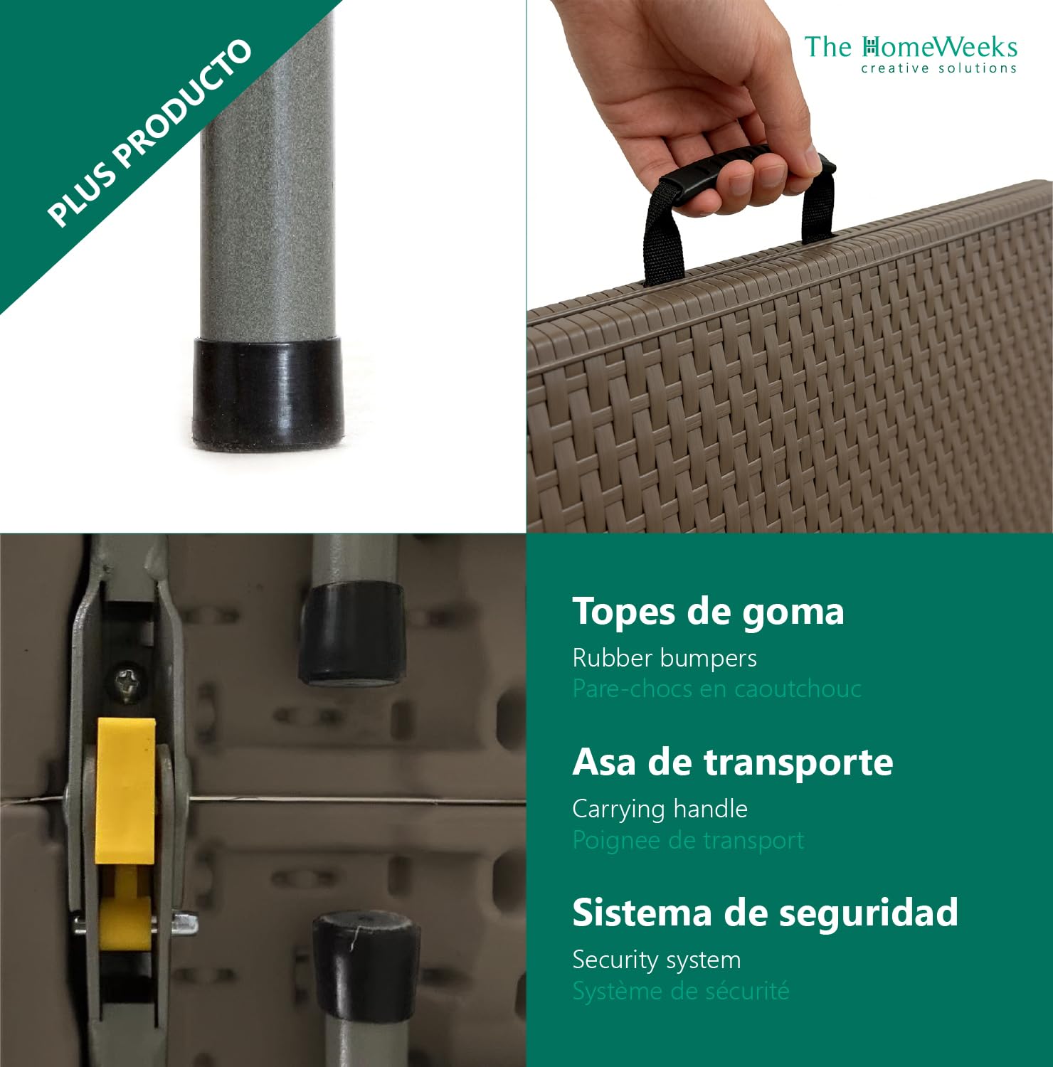 The Homeweeks Mesa Plegable Solid Efecto Ratan Marrón 180cm | portátil | Normativa Uso público | INT/ext | Tablero Resina HDPE 3,5cm | Capacidad 6/8 pers. | Carga 150 kg.