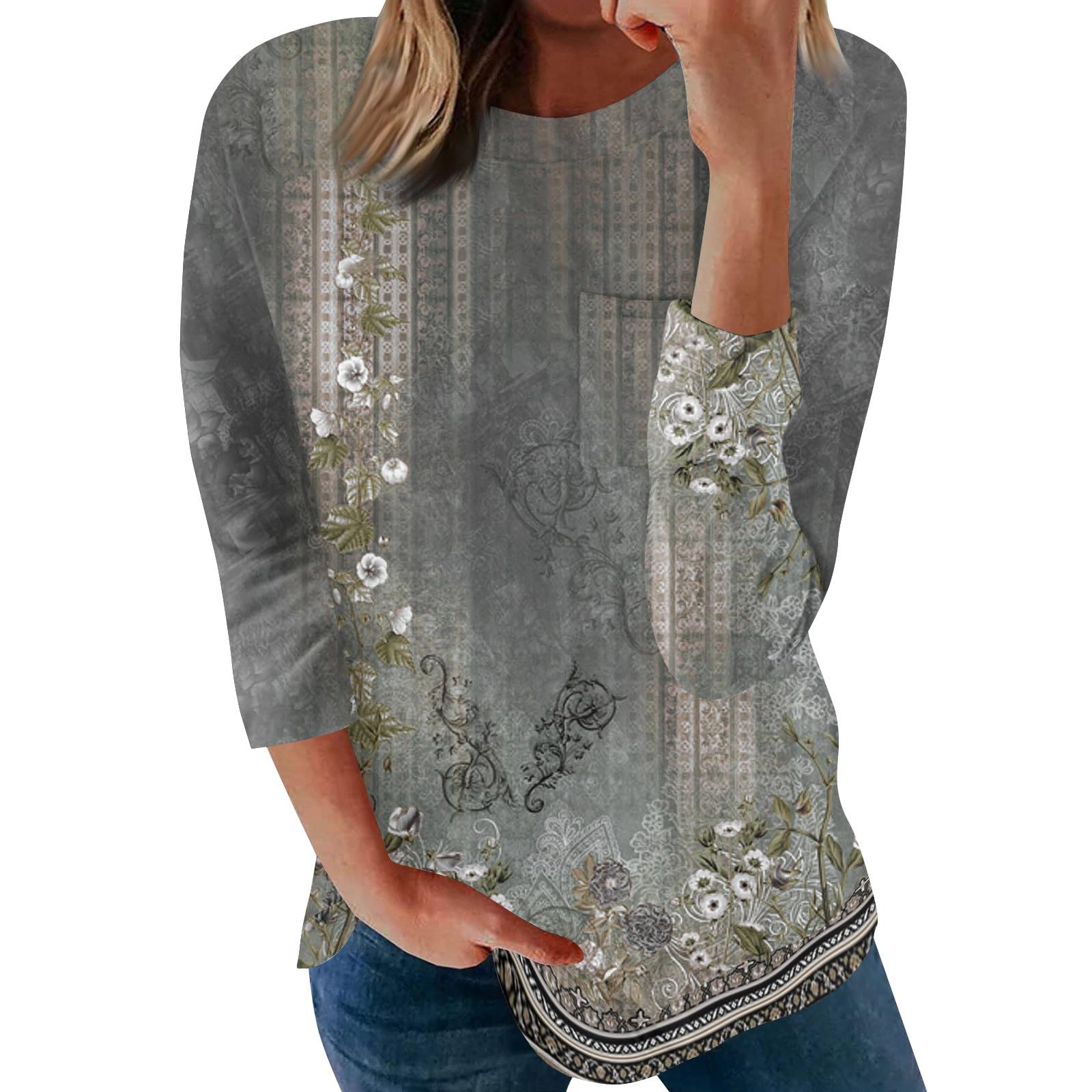 SCBFDI Camisas Mujer Elegantes, Camisetas Mujer Manga 3/4 Uniformes Médicos con Estampado Floral Vintage Cuello Redondo Camisetas Slim Daily School Ropa de Verano