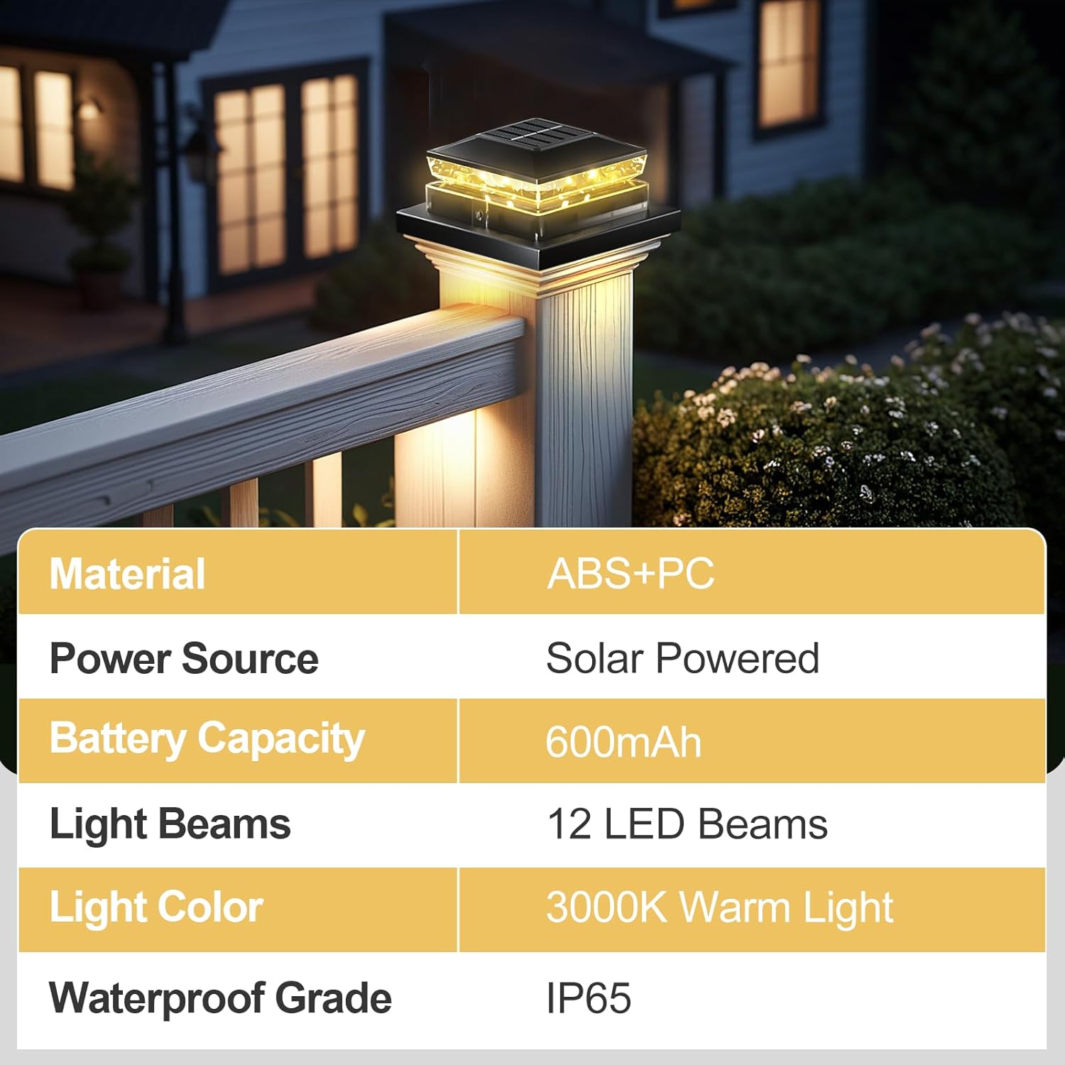Solar Post Cap Light 6 Packs, Waterproof Fence Post Solar Lights, 4x4 IP65 Black Outdoor Light for Deck Garden & Patio Lights for 3.5x3.5,4x4,5x5 Wood & Vinyl Posts Warm White Lighting