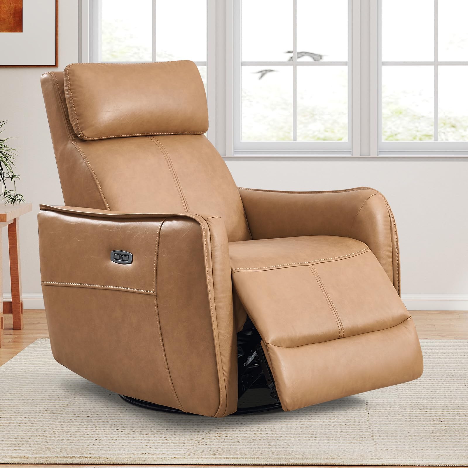 ANJ Power Recliner Chair with USB Port, 150° Reclining Swivel Glider, Faux Leather, Cognac Brown, 350 lbs Capacity