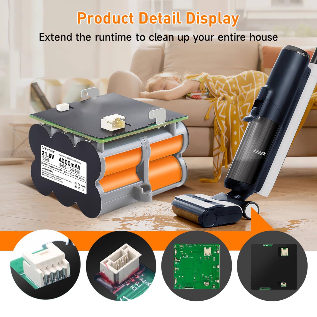 Aspirapolvere 21,6V Batteria di Ricambio per Tineco Floor One S5 / S5 Pro / S5 Pro 2 / S5 Smart / S5 Steam/ S5 Combo/S5 Extreme/S5 Intelligente- Lunga durata(1 batteria + 1 spazzola + 3M nastro)