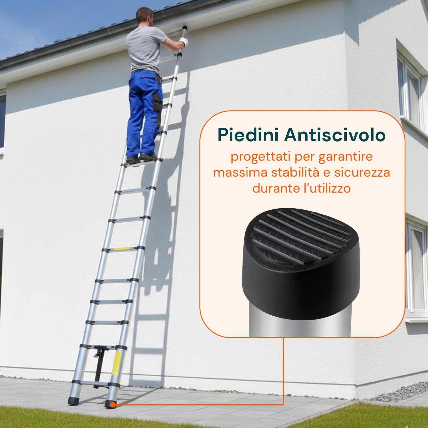 Avilia - Escalera telescópica de Acero Inoxidable 3,8 m 13 peldaños Escalera Plegable para casa y Trabajo Escalera Extensible Ahorra Espacio con Bloqueo de Seguridad