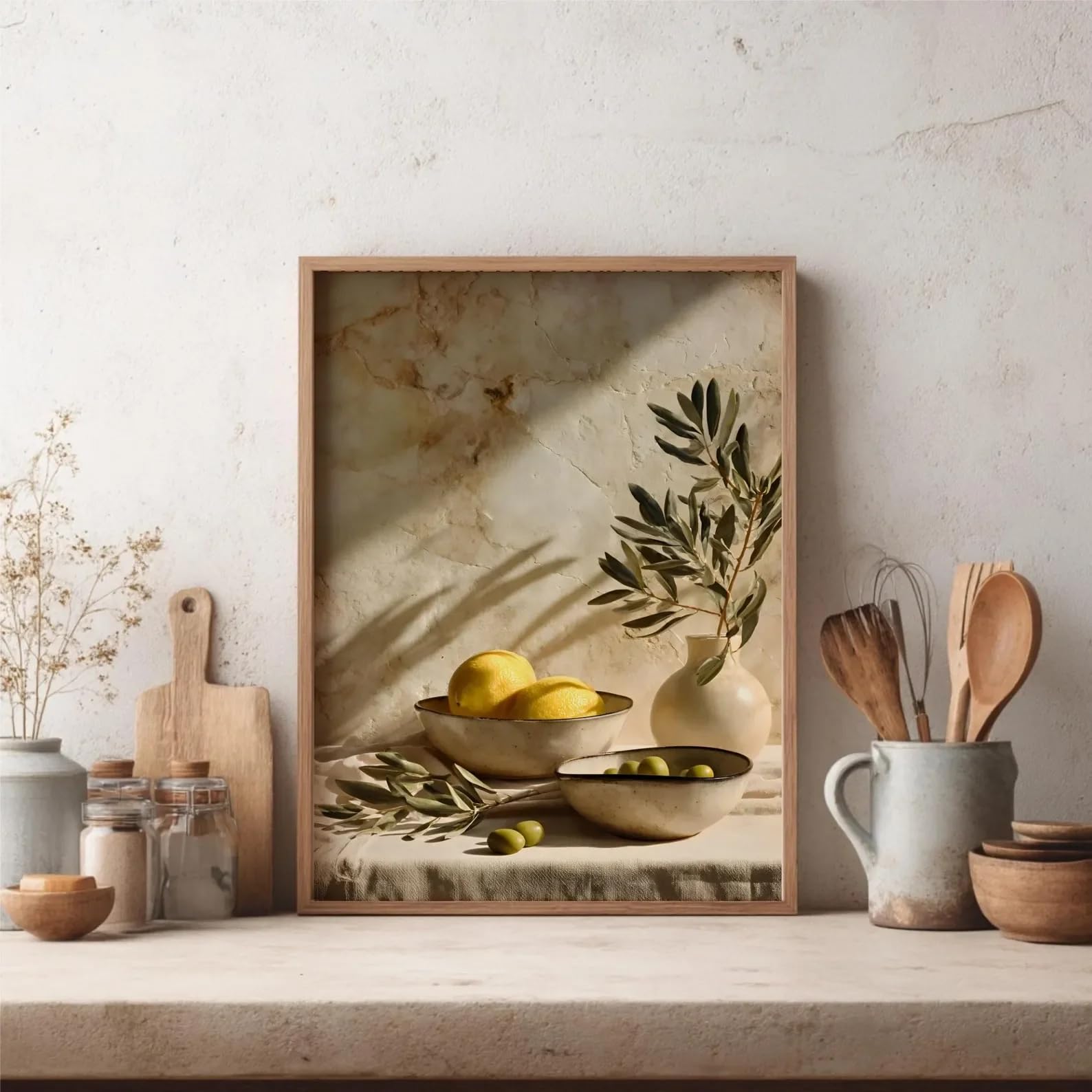 LTjiajuypd Canvas Prints Paintings Mediterranean Lemon Wall Art Olive Branch Kitchen Poster Farmhouse Still Life for Room Decor(60x90CM/Frameless)