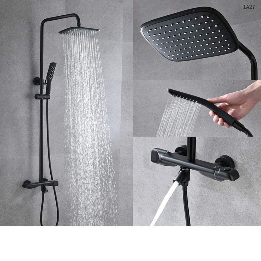 CWCQGH Shower Faucets,Luxury Black Rainfall Shower Set Thermostatic Control Shower Faucet Thermostatic Brass Mixer Tap,A