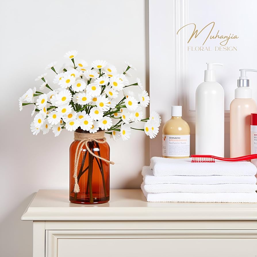 Amazon｜Muhanjia 人工デイジーフラワー 琥珀色のガラスの花瓶