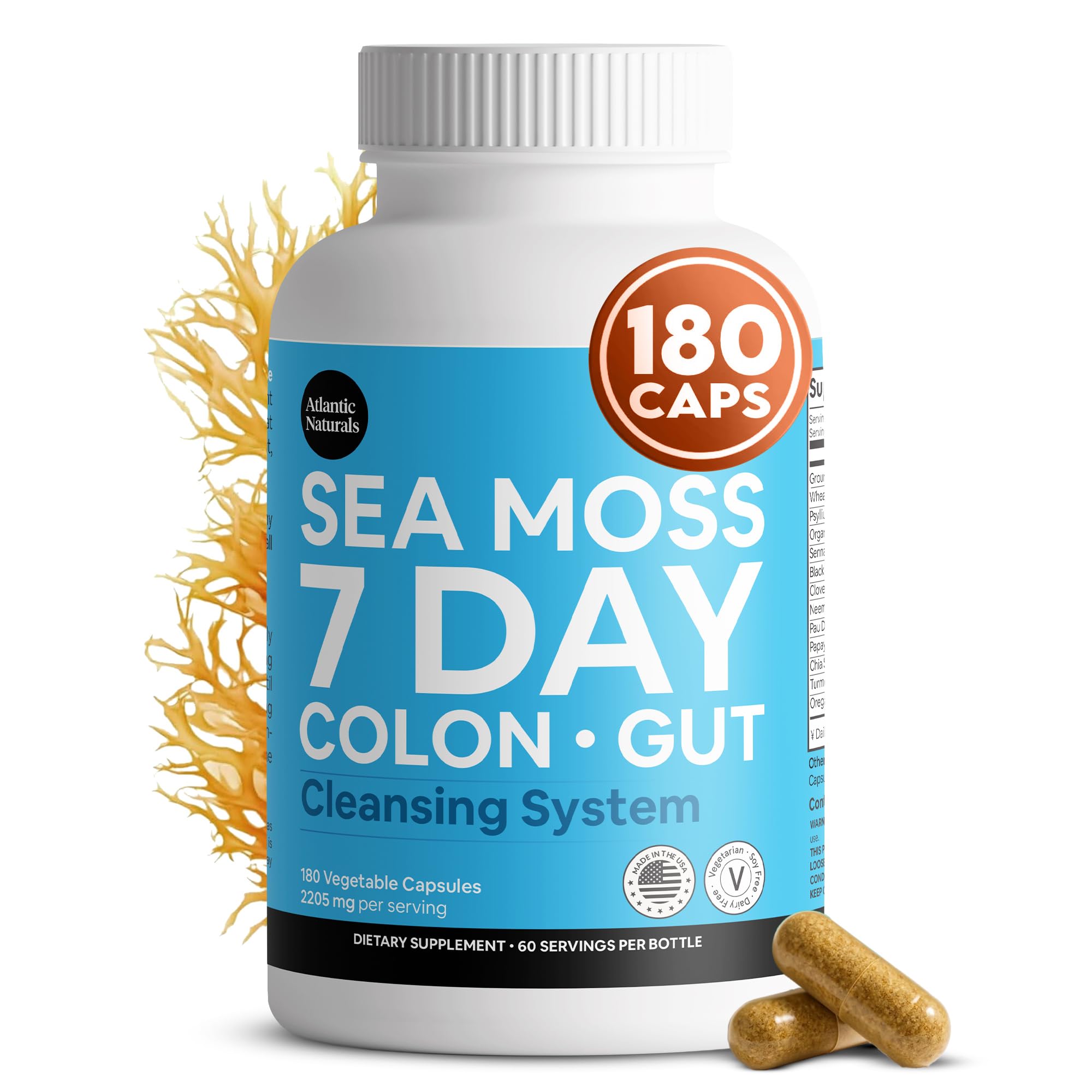 Atlantic Naturals Suplemento Digestivo com Psyllium, Musgo-do-mar, Linhaça, Sene e Cúrcuma — 180 cápsulas