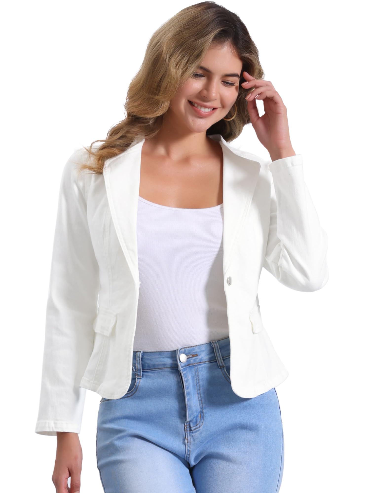 Allegra K Womens Jean Jacket Collarless Long Sleeve One Button Lightweight Denim Blazer Cropped Denim Jacket