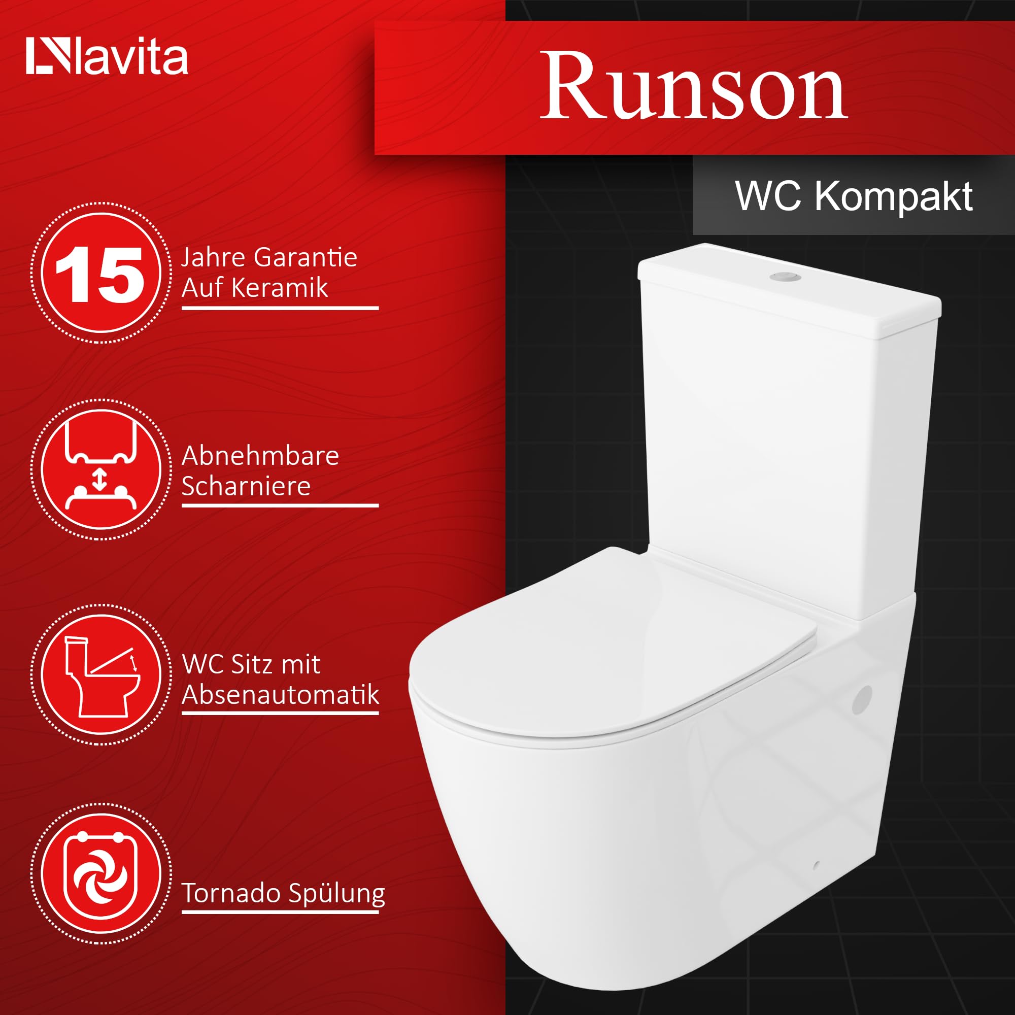 LAVITA WC monoblocco con cassetta di scarico integrata RUNSON WHITE | Set completo | Coperchio WC con chiusura ammortizzata | WC in ceramica senza brida | Vaso WC | Sistema di scarico TORNADO