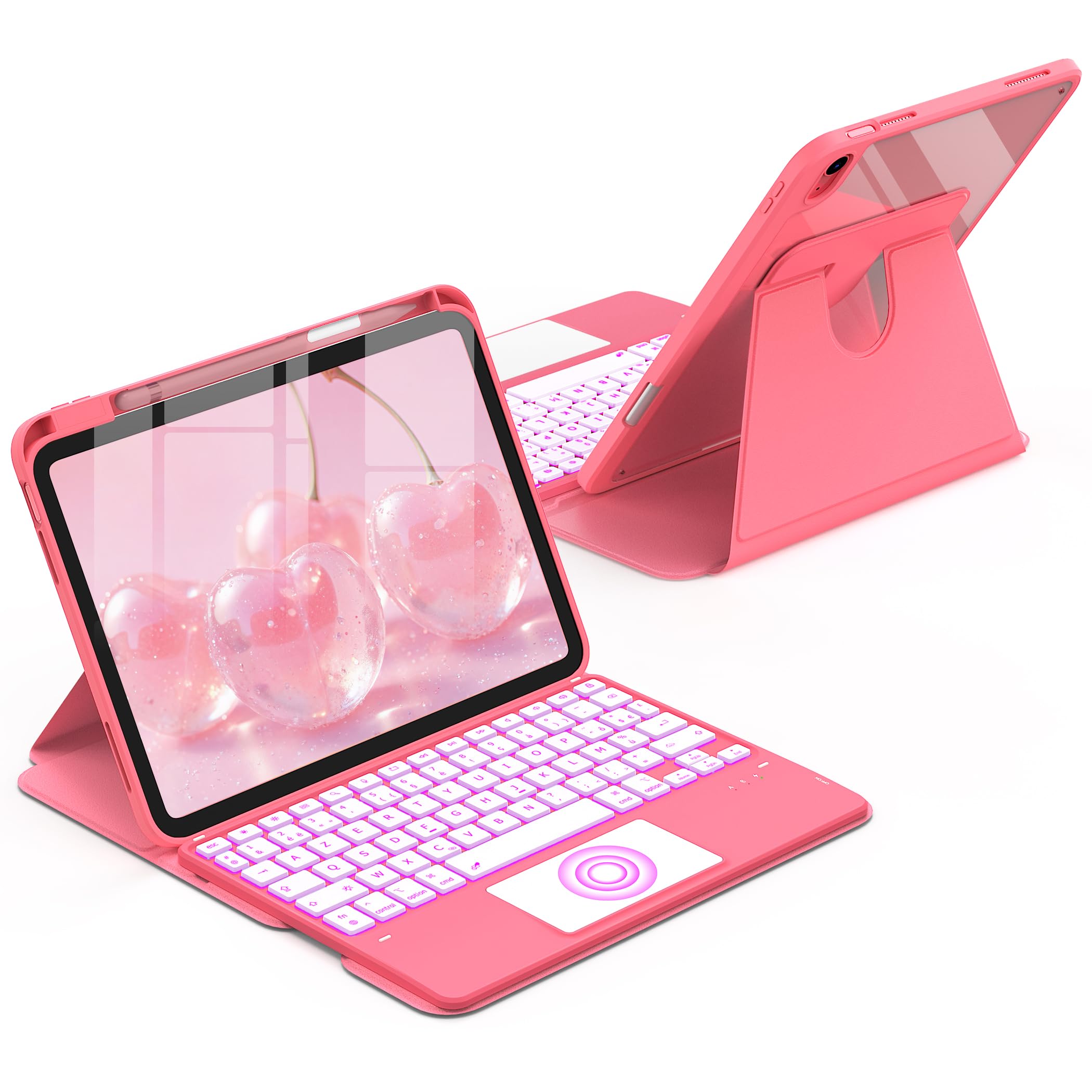 CACOE Étui Clavier Rotatif 360° pour iPad (A16) 11/10 EME Génération (11"/10,9") 2025/2022 avec Pavé Tactile, Rétroéclairage 7 Couleurs, Clavier sans Fil Détachable avec d'assistance, Rose