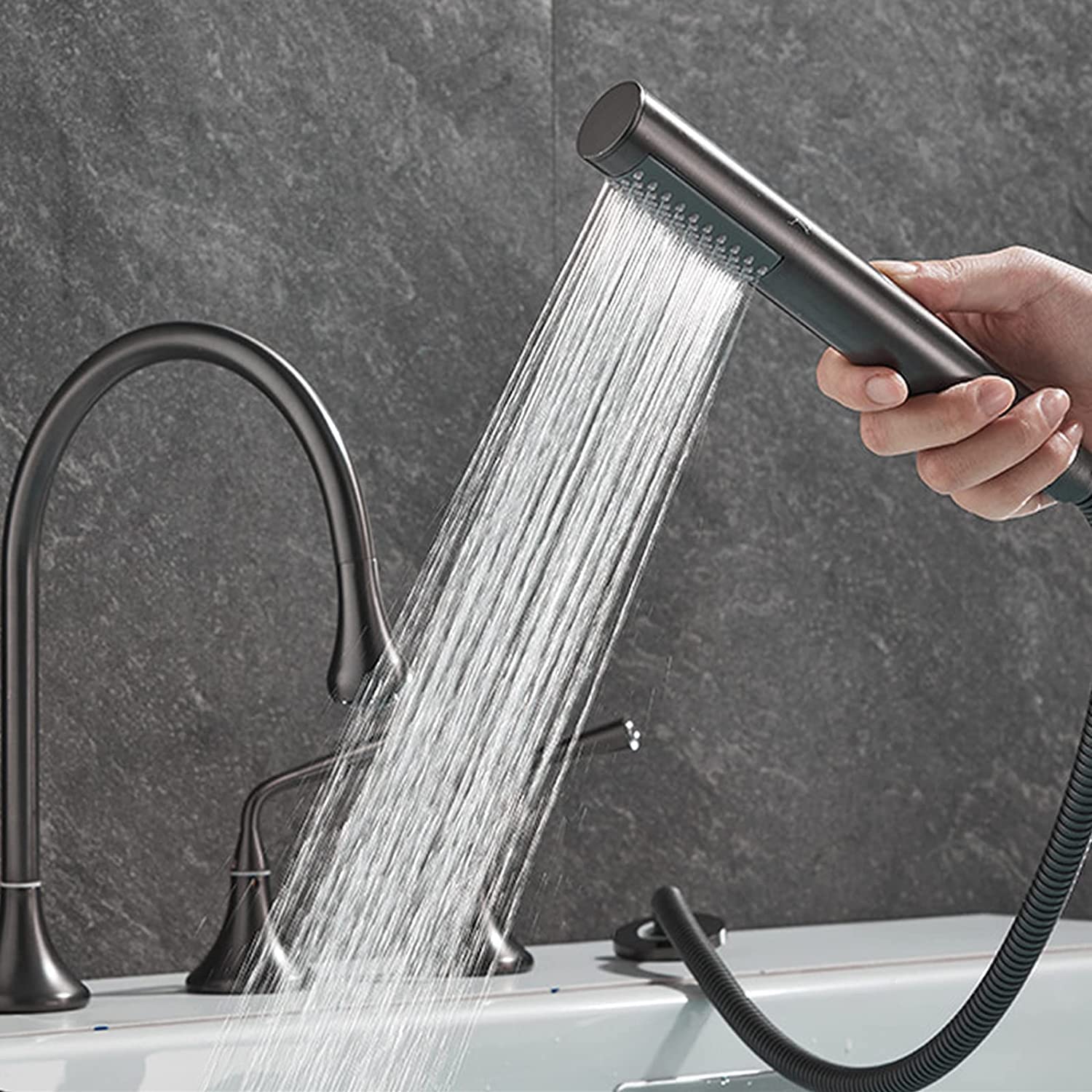 Rubinetto per vasca, rubinetto di riempimento vasca ad alto flusso, rubinetto da bagno diffuso a 5 fori, rubinetto miscelatore a tre maniglie con doccia portatile e beccuccio per vasca, set di