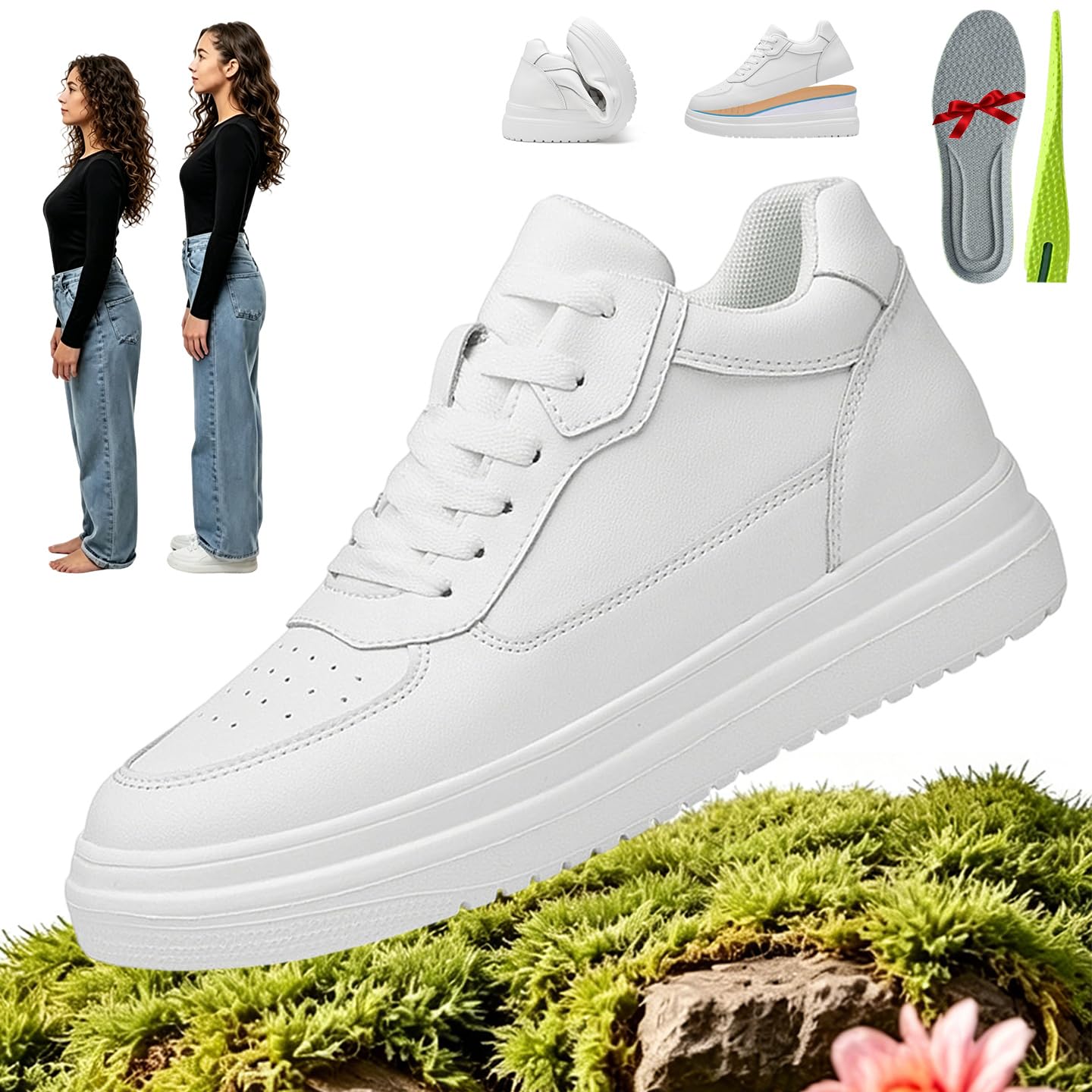Elevate Shoes White Classy Damen 6/8/10 cm, Elevator Schuhe Damen, Atmungsaktiv rutschfest Elevate Shoes Damen Herren, Unsichtbare Erhöhung Mehr Selbstbewusstsein, für Büro, Alltag