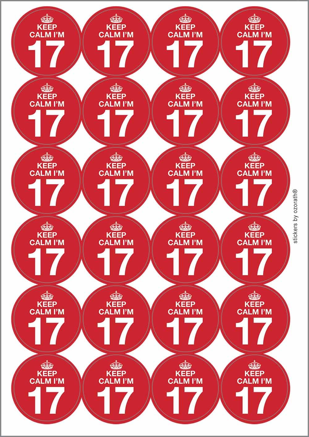 Keep Calm I'm 17 Seventeen Seventeenth 17th Birthday Circular Matt Paper Stickers A4 Sheet of 24 (Each Sticker is 45mm Diameter)