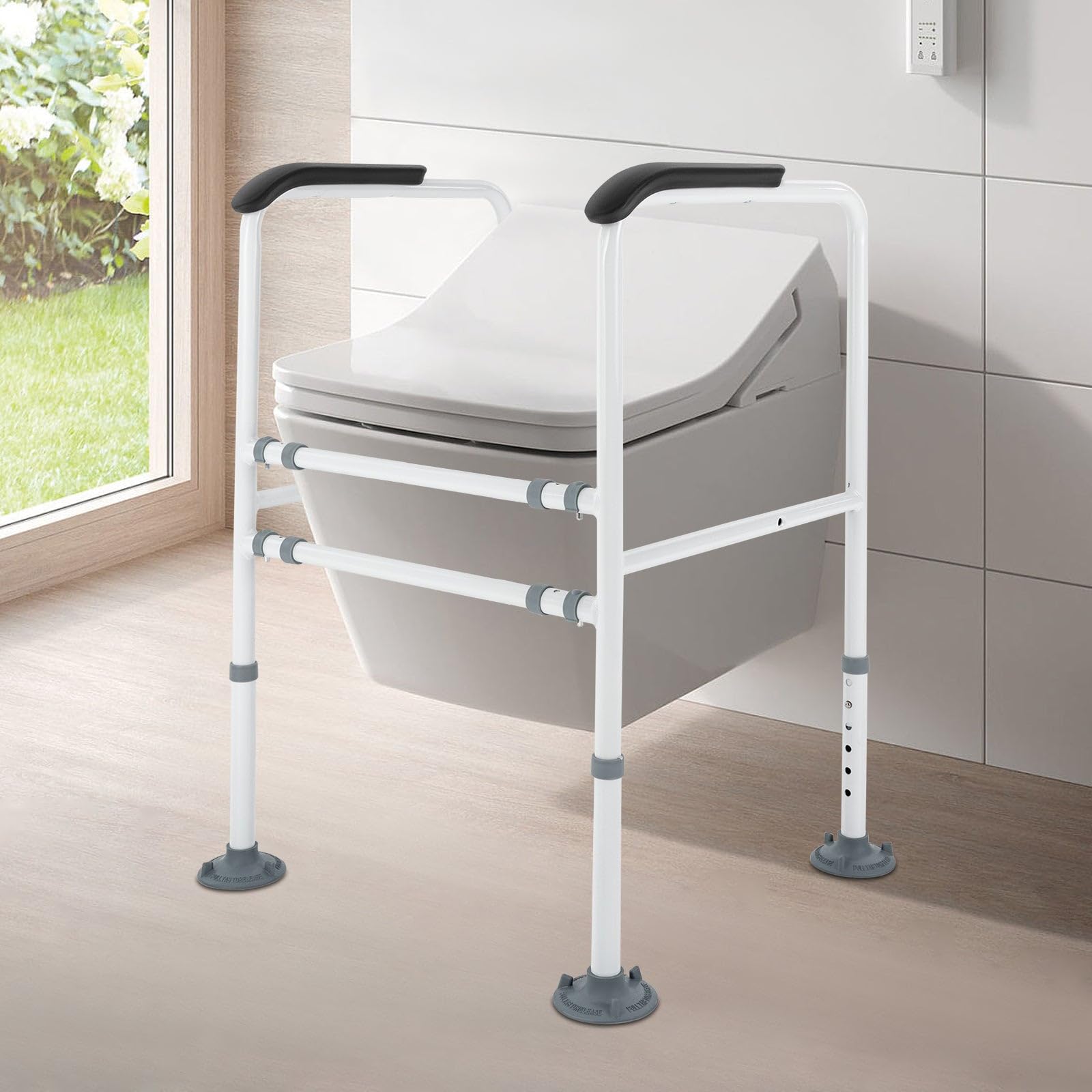 Stelaż bezpieczeństwa, podpórka do toalety, poręcz bezpieczeństwa, obciążenie 113 kg, stabilna, z uchwytami, regulacja wysokości i szerokości, kolor biały