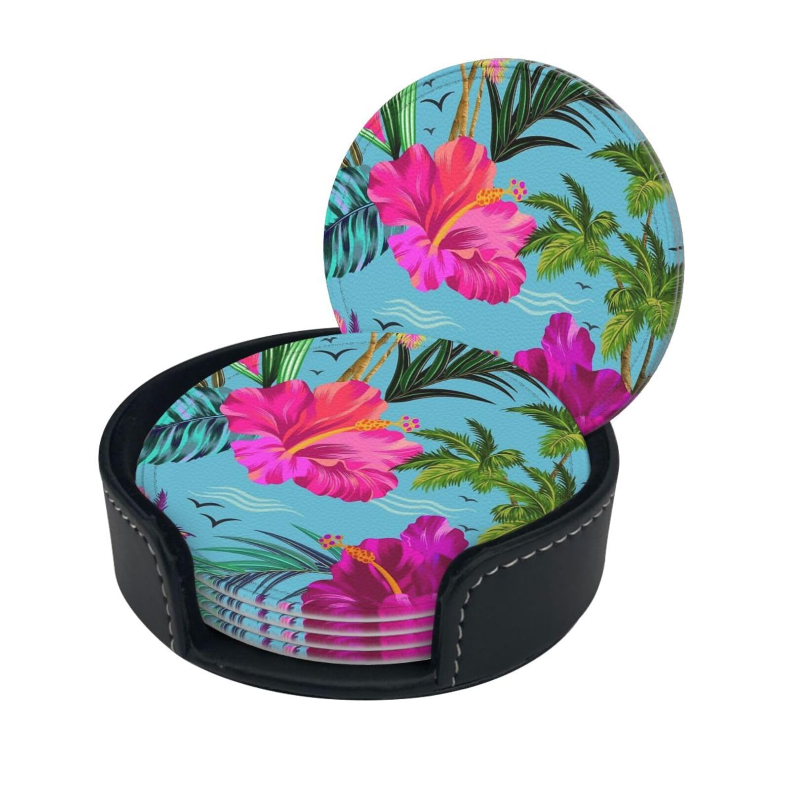 Hello Hawaii Drink Coasters Set of 6 with Holder Decorative Round Cup Coasters for Coffee Table Kitchen Office Bar
