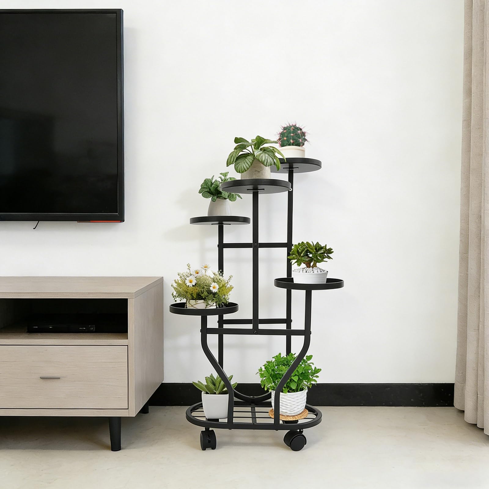 Soporte para plantas con 5 niveles de hierro sobre ruedas para